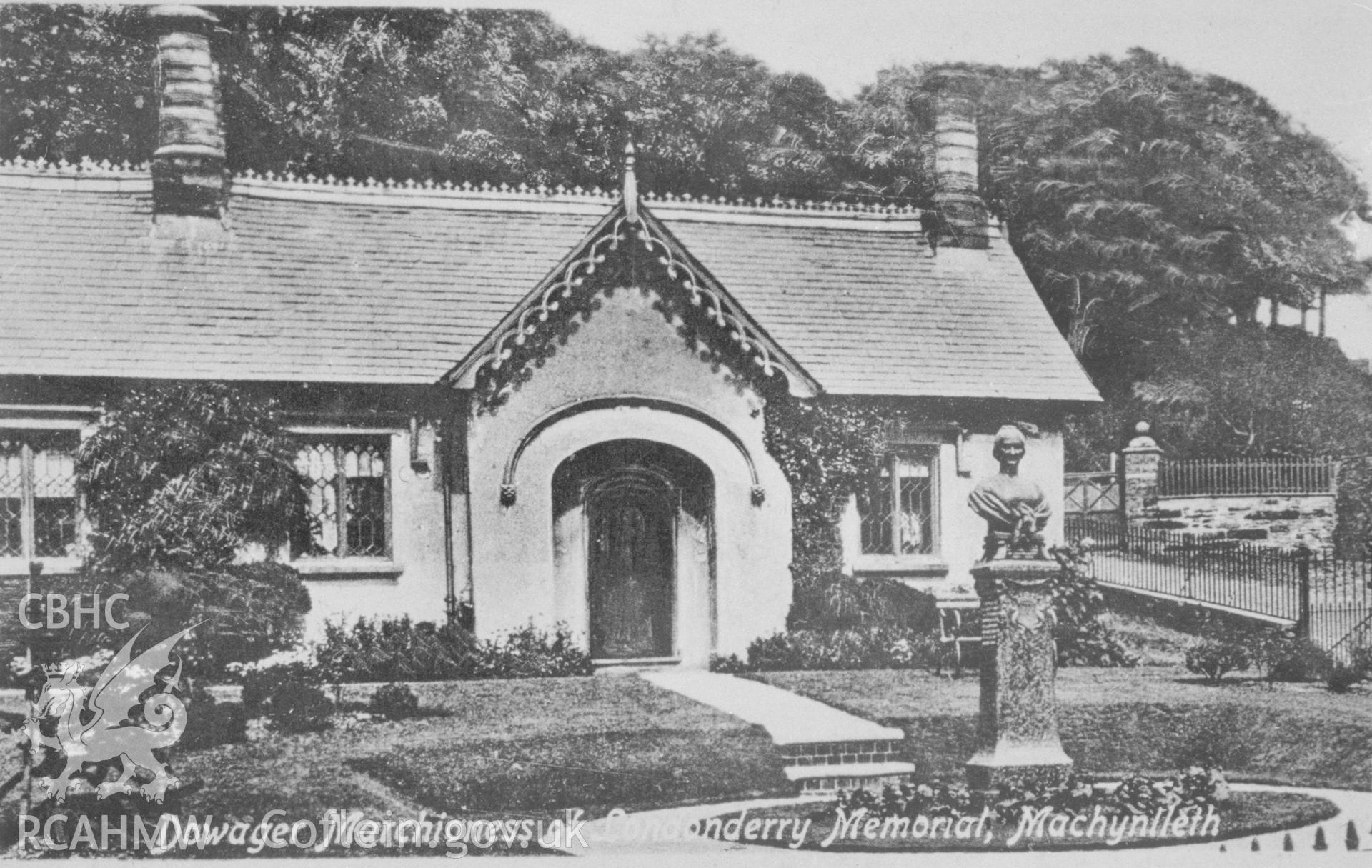 Copy of black and white image of Vane Almshouse, Machynlleth, copied from early undated postcard showing exterior and the Dowager Marchioness of Londonderry Memorial, loaned by Thomas Lloyd.