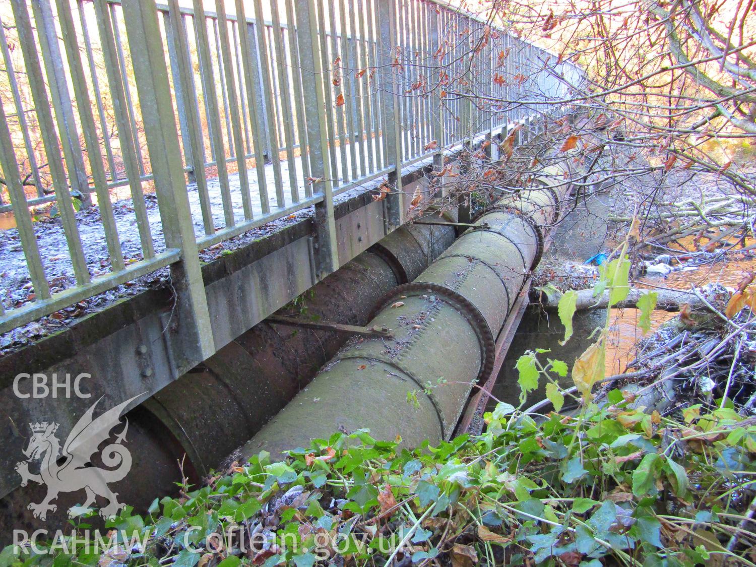 Southern side of aqueduct viewed from the west bank of the Taff. Produced by Kelvin Merriott in December 2016.