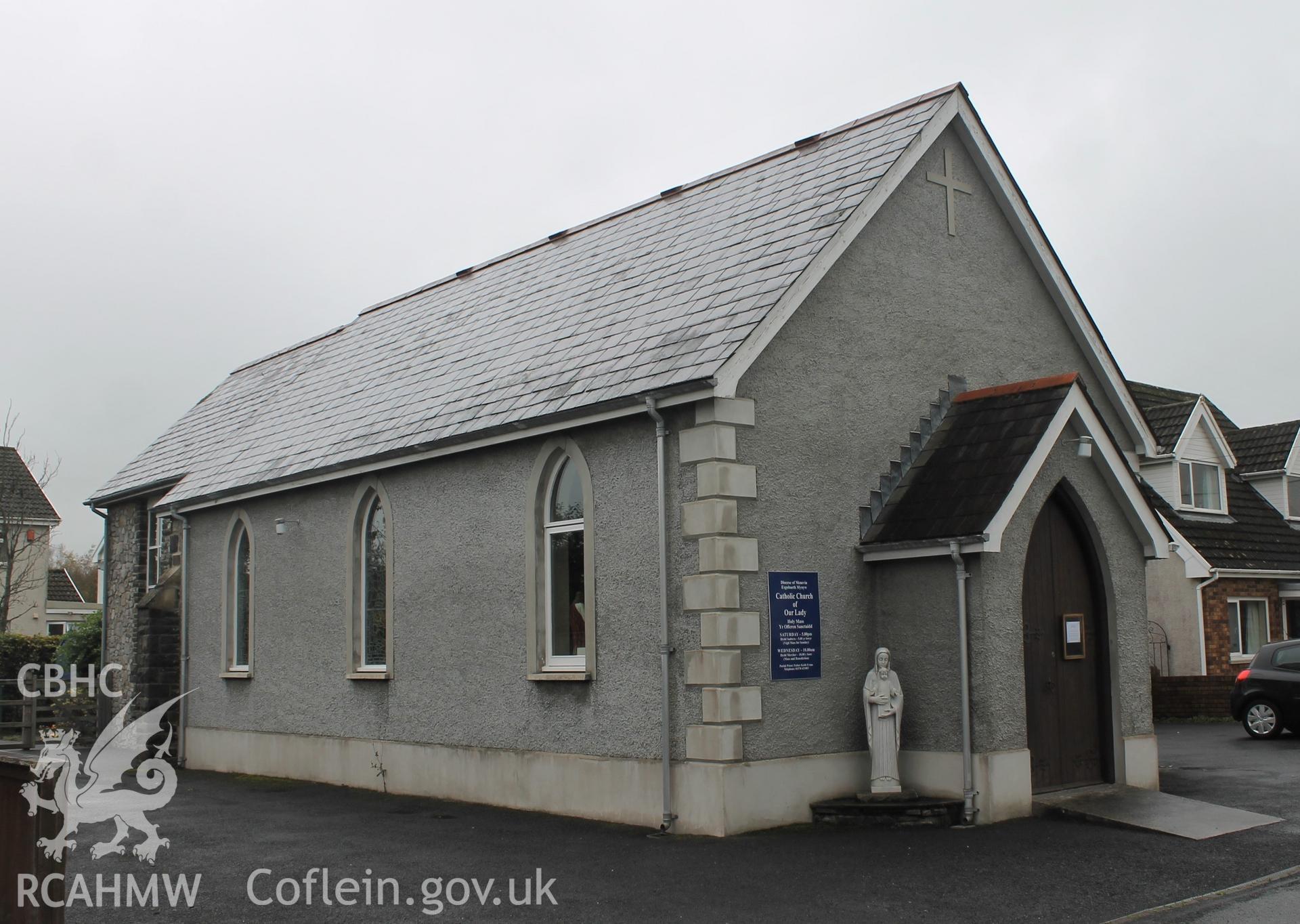 Digital colour photograph showing exterior of  Our Lady's Catholic church, Llandovery.
