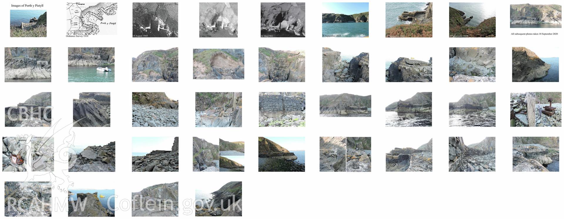 Montage of photos entitled 'porth y pistyll photo album compact medium'. Includes the photos included in the survey of Porth y Pistyll, Aberdaron, produced in 2020 by Michael Statham.