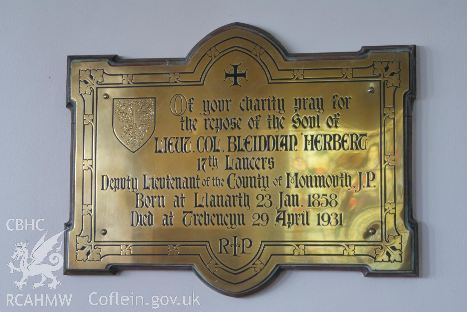 Digital colour photograph showing memorial brass plaque to a member of the Herbert family at St Mary and St Michael Catholic church, Llanarth.