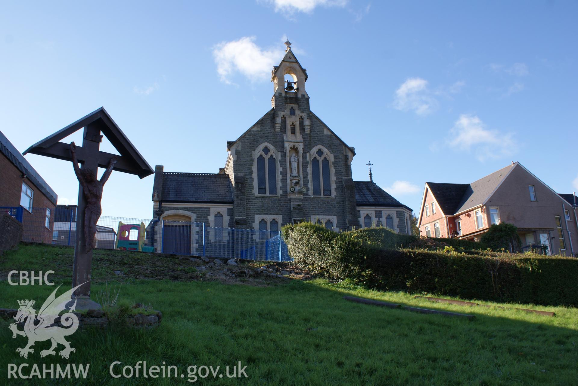 Digital colour photograph showing exterior of Our Lady and St Patrick's Catholic church, Maesteg.