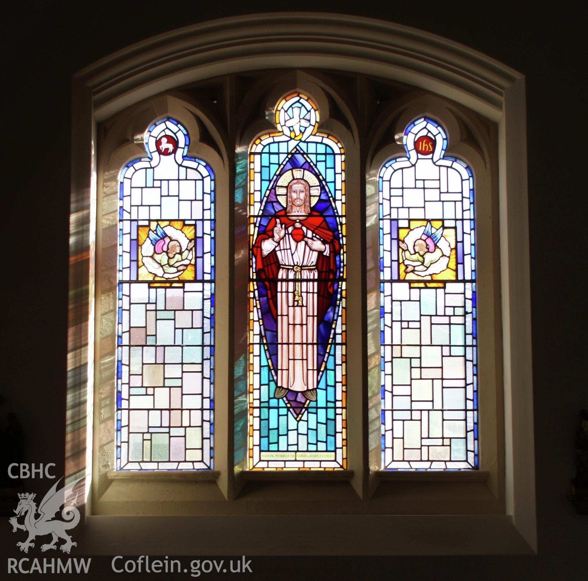 Digital colour photograph showing stained glass at Our Lady and St Patrick's Catholic church, Maesteg.