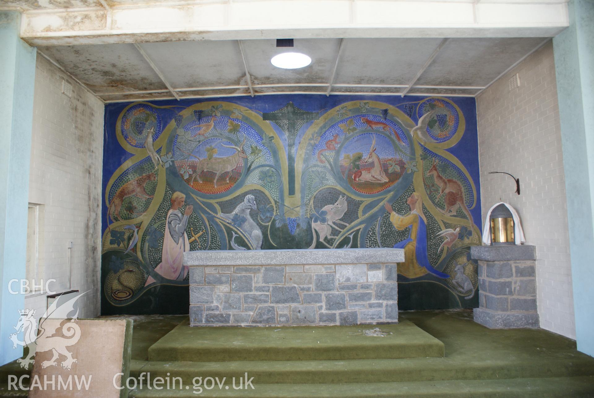 Digital colour photograph showing the wall painting by Eleanor Brooks in the interior of Holy Spirit Catholic church, Criccieth.