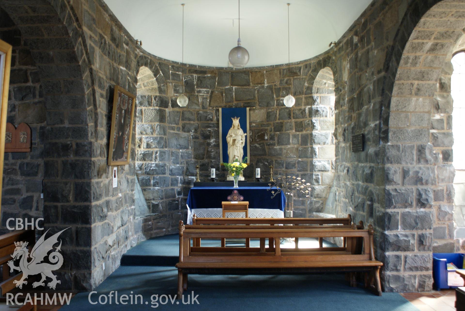 Digital colour photograph showing interior of Our Lady of Seven Sorrows Catholic church, Dolgellau.