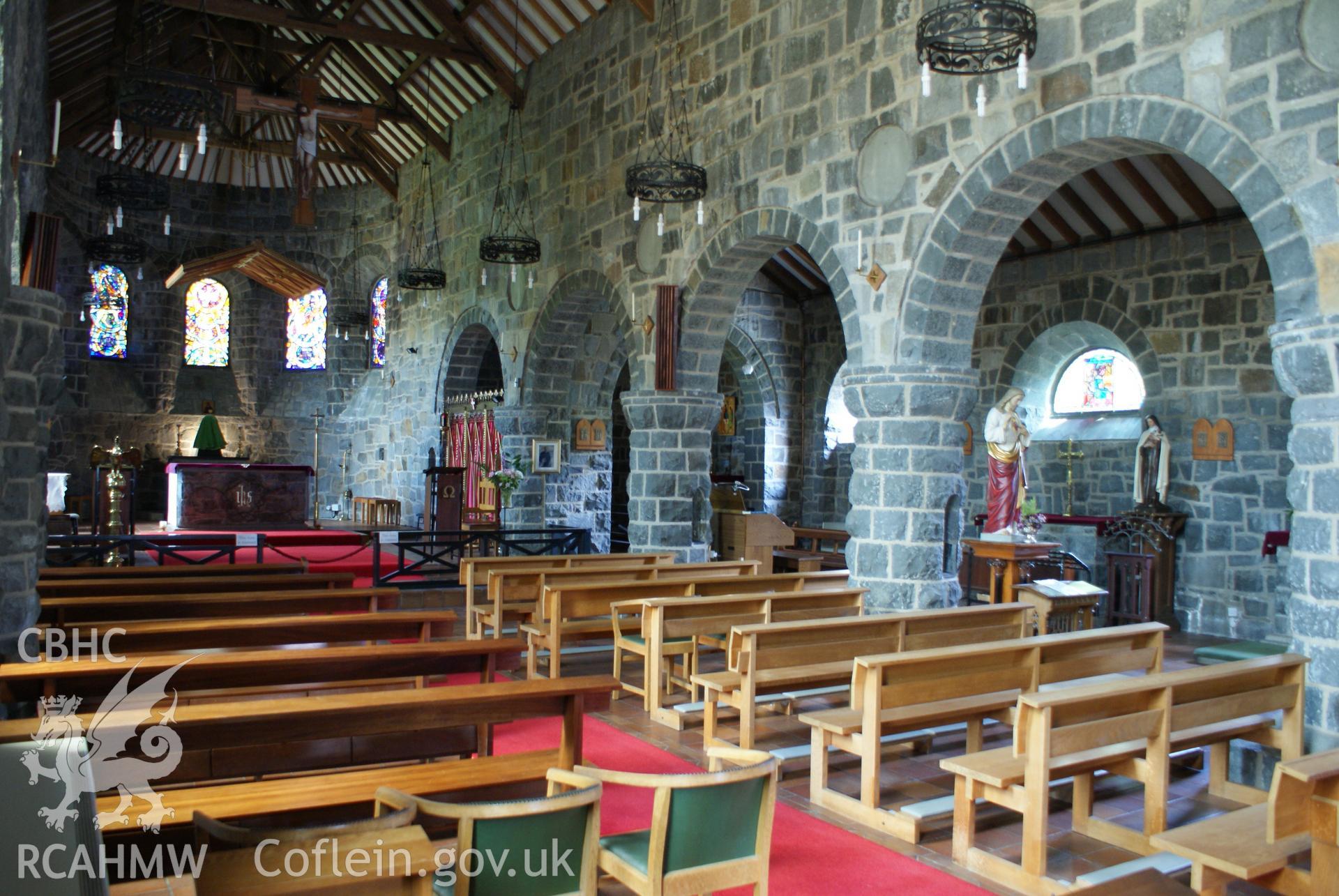 Digital colour photograph showing interior of Our Lady of Seven Sorrows Catholic church, Dolgellau.