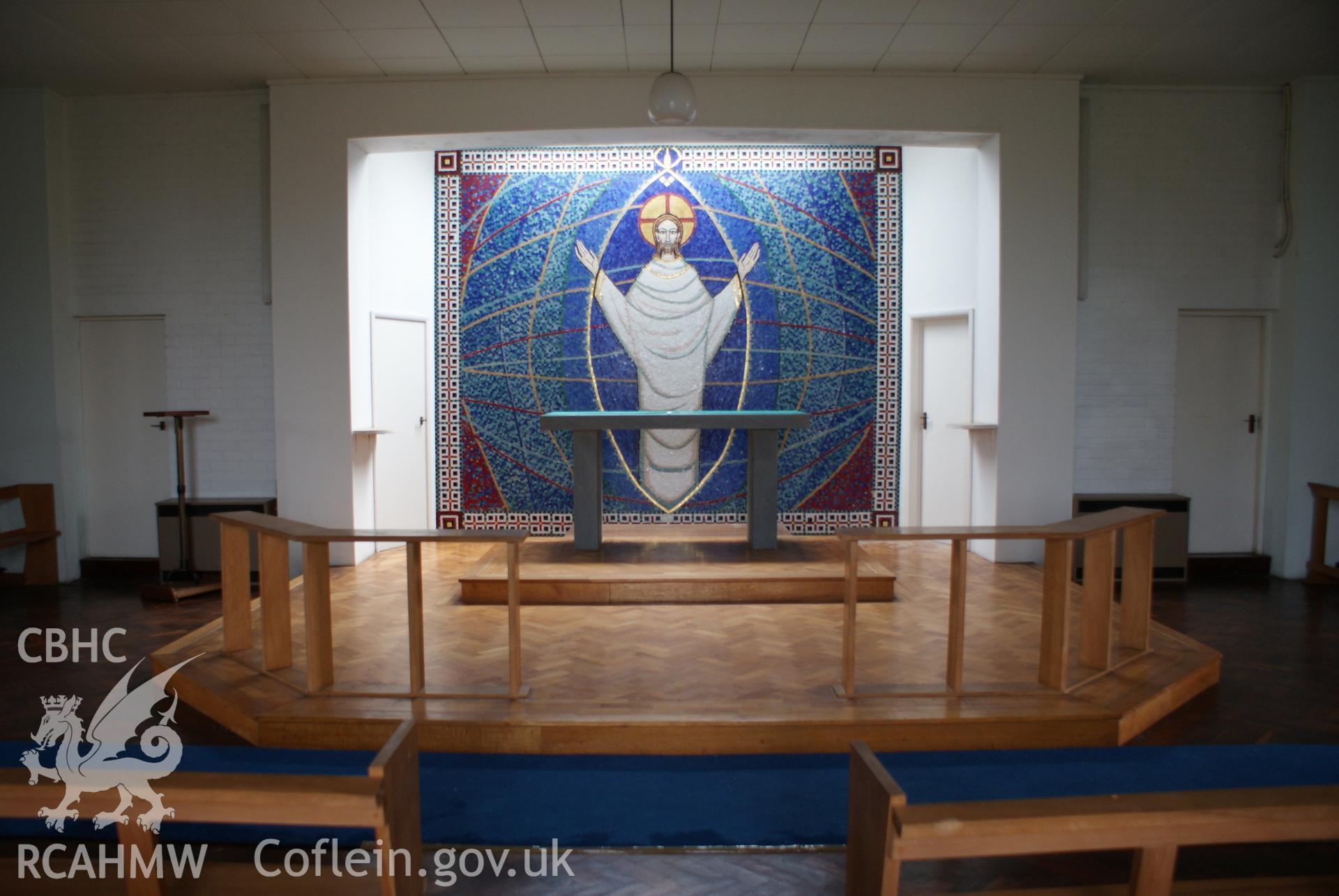 Digital colour photograph showing altar and mosaic of the Risen Christ by Jonah Jones at Our Holy Saviour Catholic church, Morfa Nefyn.
