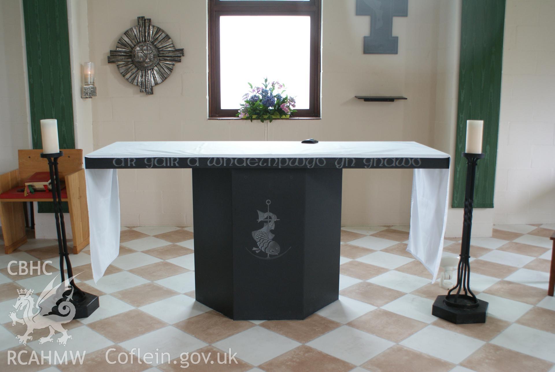 Digital colour photograph showing the Aberllefenni slate altar at St Joseph's Catholic church, Pwllheli.
