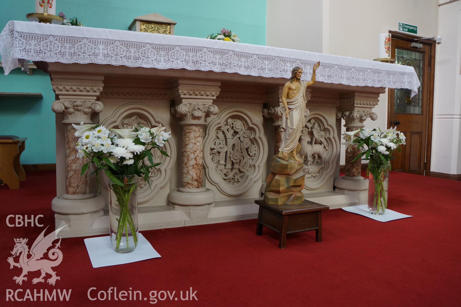 Digital colour photograph showing the High Gothic altar at Blessed Trinity Catholic church, Queensferry.