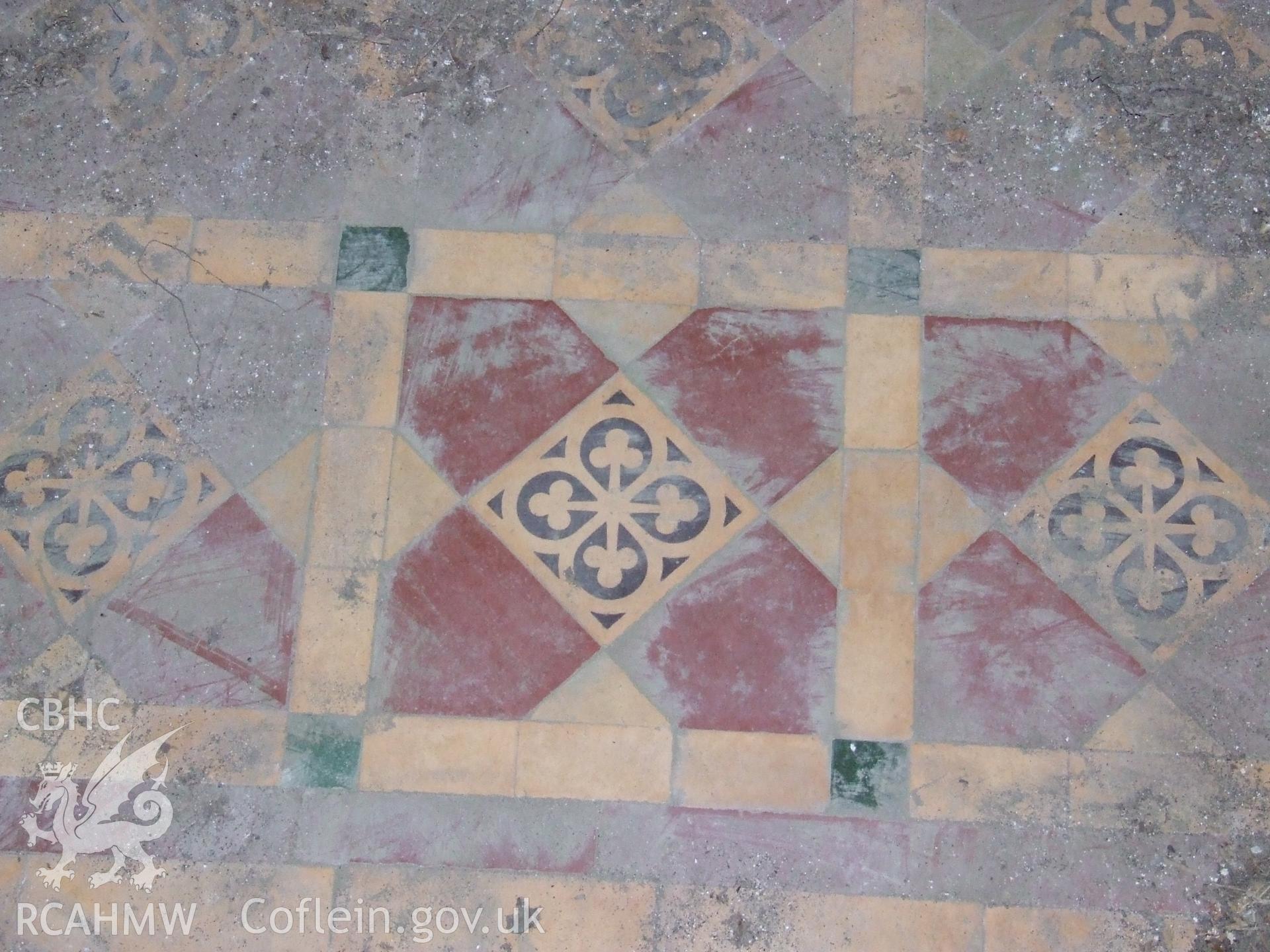 Digital colour photograph showing chancel floor tiling at Castell Dwyran church.