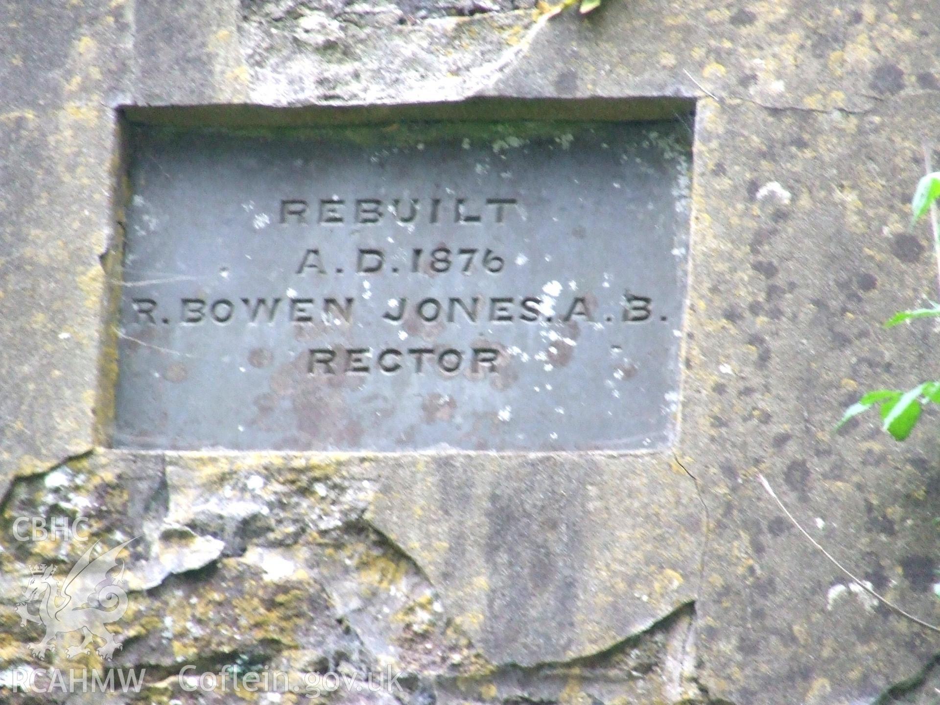 Digital colour photograph showing exterior - plaque, at Castell Dwyran church.