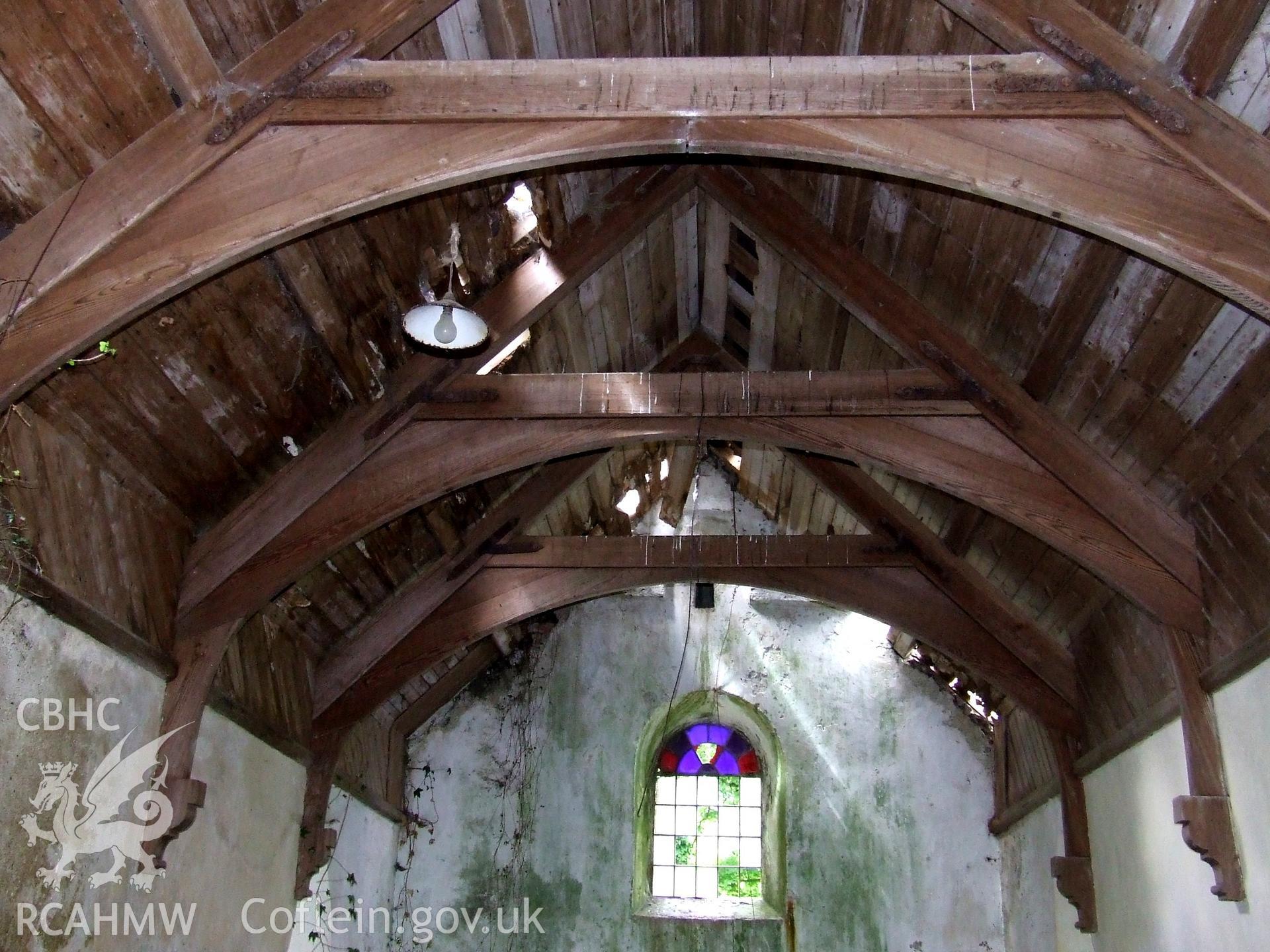 Digital colour photograph showing interior - roof looking west, Castell Dwyran church.