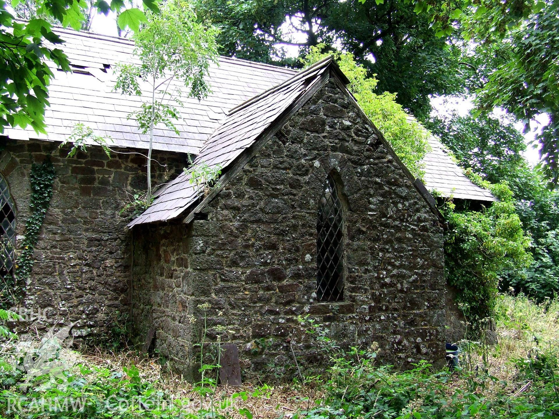 Digital colour photograph showing exterior - south transept, Castell Dwyran church.