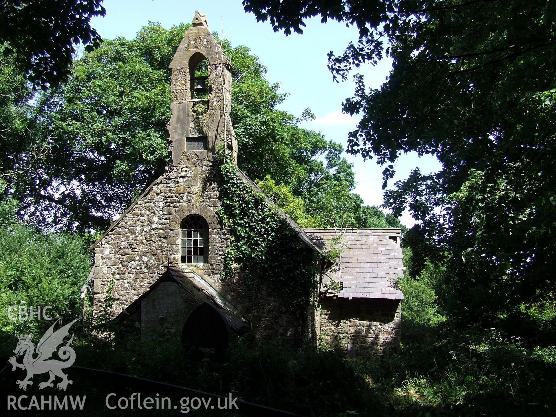 Digital colour photograph showing exterior - west end, Castell Dwyran church.