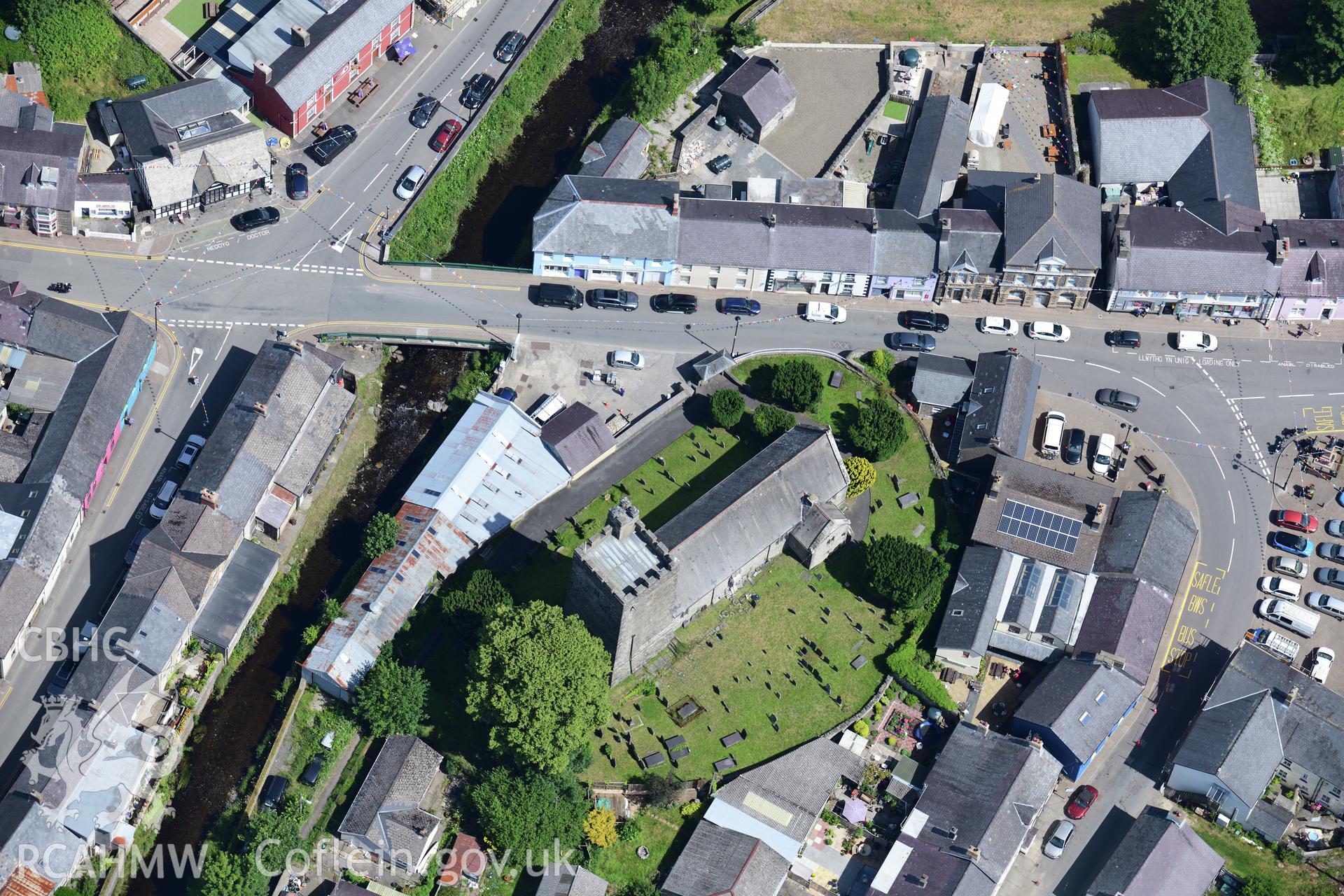 Digital colour aerial photograph showing  St Caron church, Tregaron, taken on 11th July 2022.