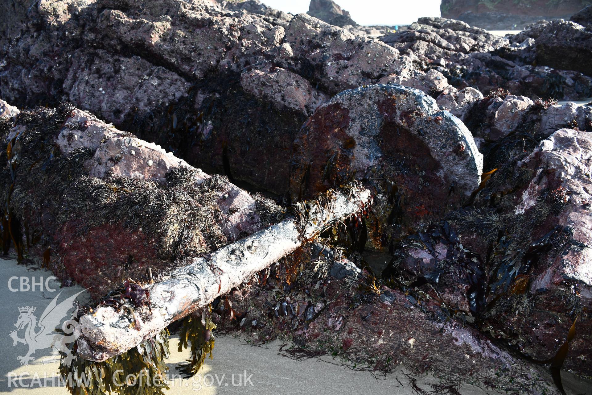 Part of the wreck visible on the beach. Taken by Hannah Genders Boyd. Produced with EU funds through the Ireland Wales Co-operation Programme 2014-2023. All material made freely available through the Open Government Licence.