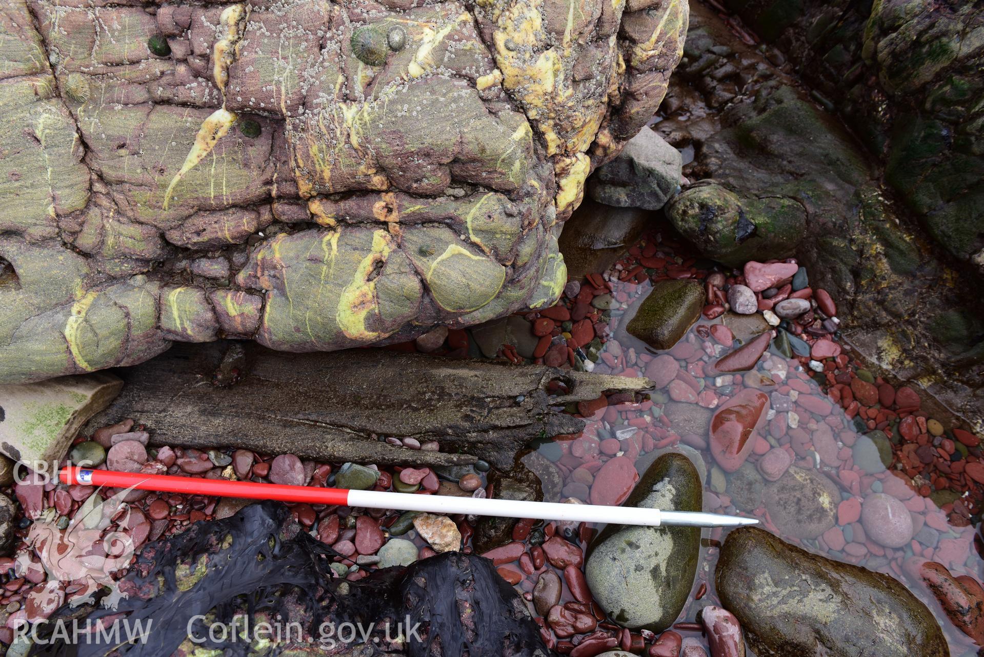 Wood from the wreck amongst the rocks with 1m scale. Taken by Toby Driver. Produced with EU funds through the Ireland Wales Co-operation Programme 2014-2023. All material made freely available through the Open Government Licence.