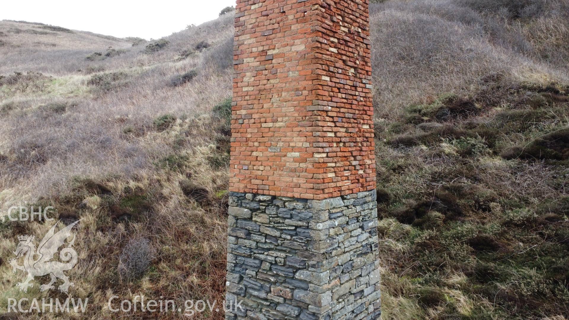 Trefrane Cliff Colliery. Detail of stone to brick transition on north and west faces of chimney.
