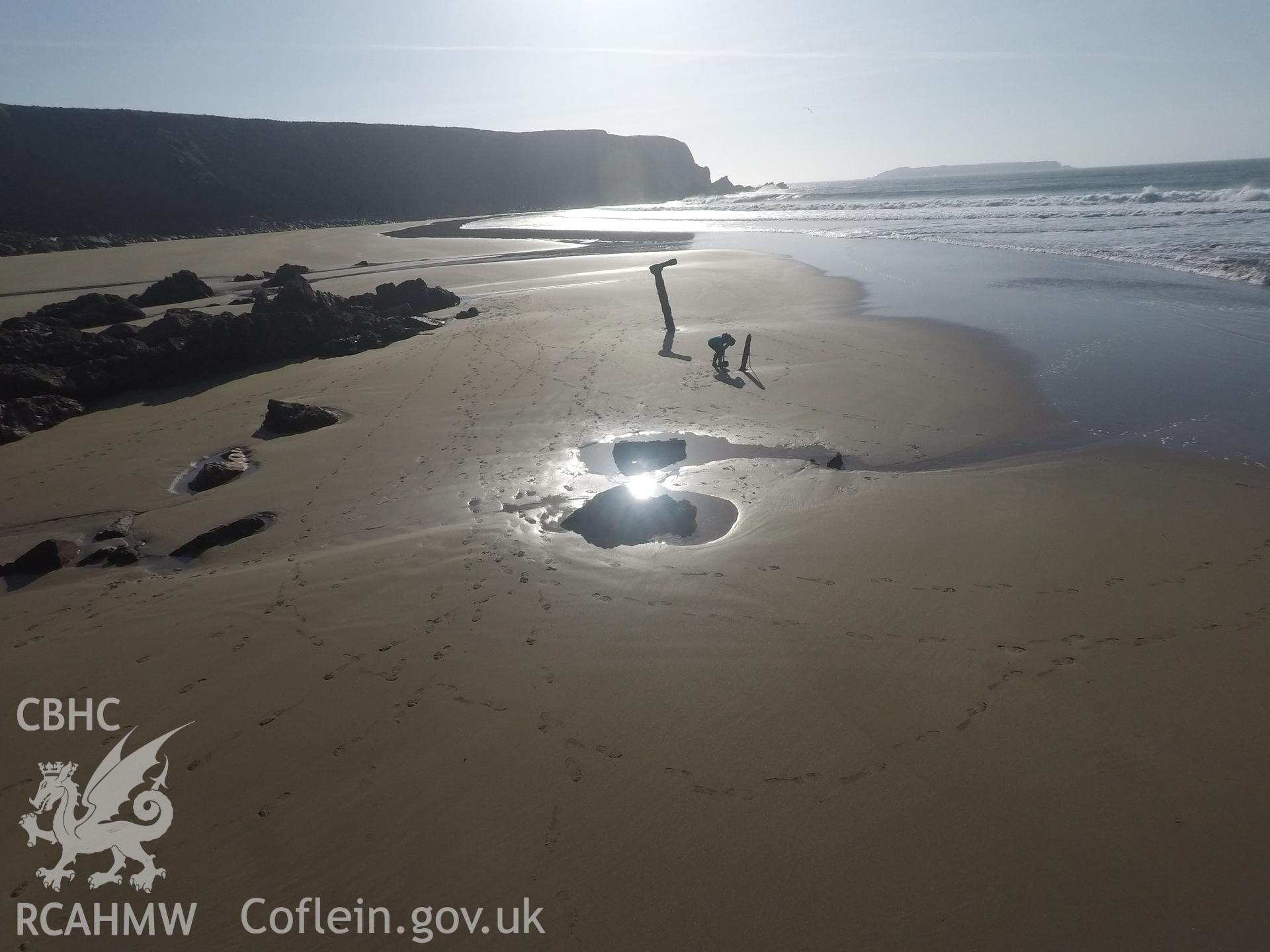 Pole camera shot of upstanding elements of the wreck Taken by Daniel Hunt. Produced with EU funds through the Ireland Wales Co-operation Programme 2014-2023. All material made freely available through the Open Government Licence.