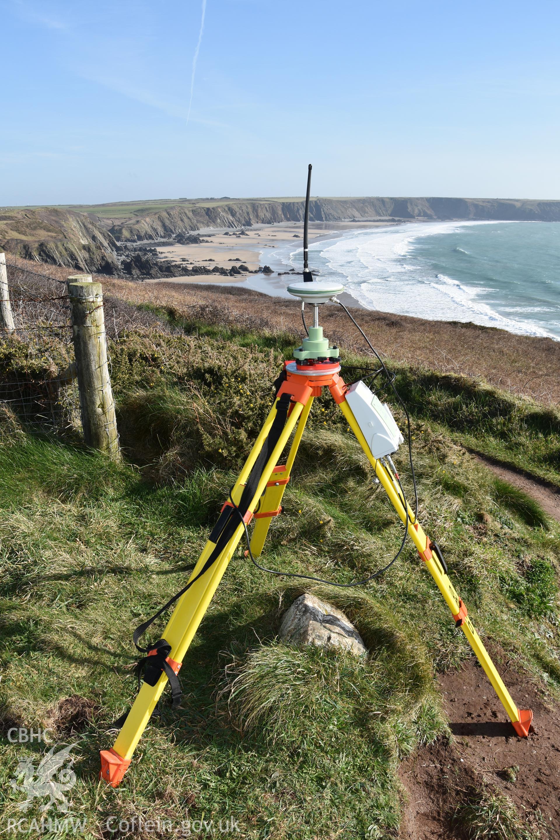 GNSS equipment surveying Taken by Daniel Hunt. Produced with EU funds through the Ireland Wales Co-operation Programme 2014-2023. All material made freely available through the Open Government Licence.