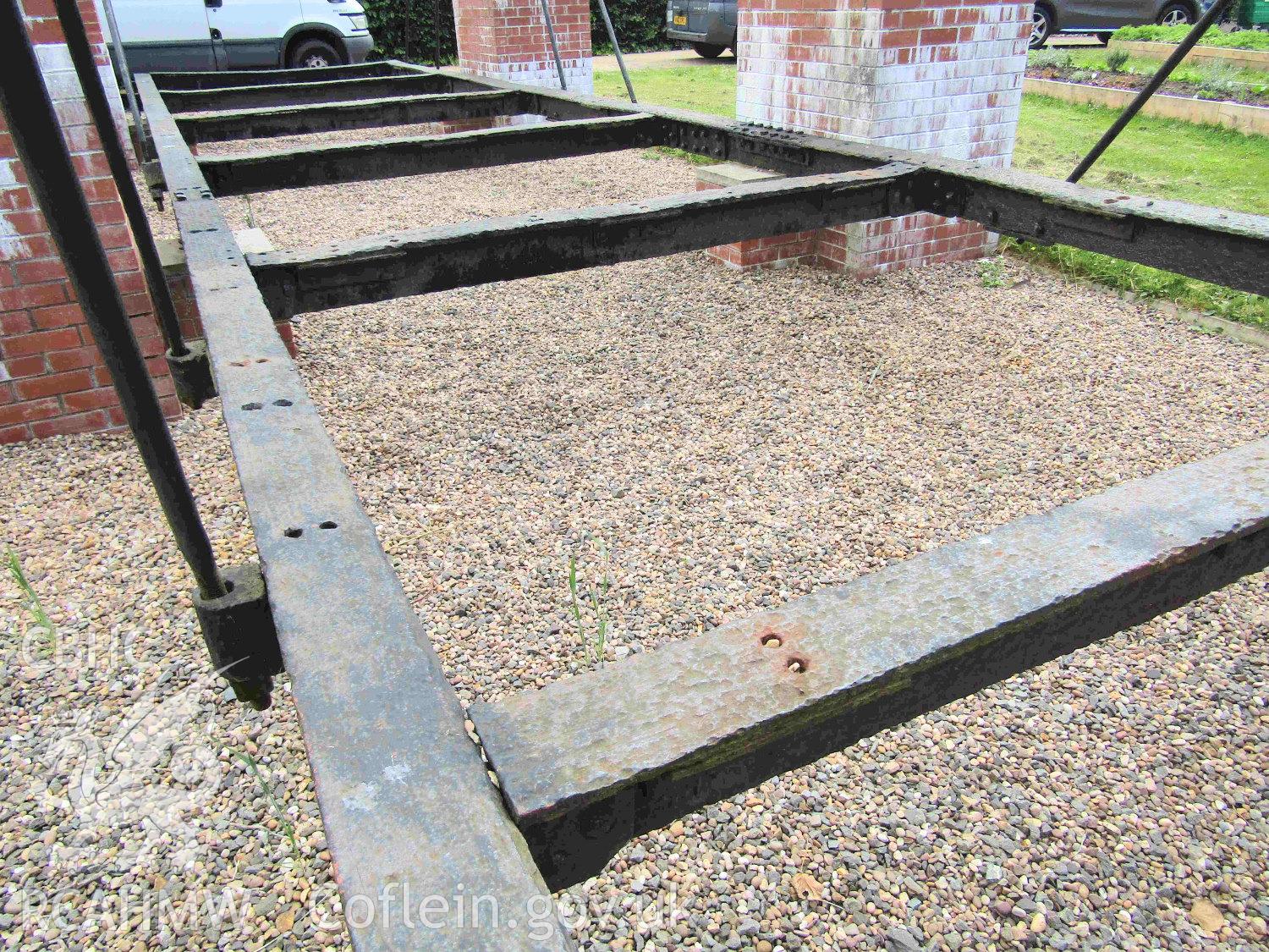 Colour digital photograph showing detailed view of the base of the boat weighing machine that was used on the Glamorganshire Canal. Photographed by Kelvin Merriott at the National Waterfront Museum, Swansea, in 2018.