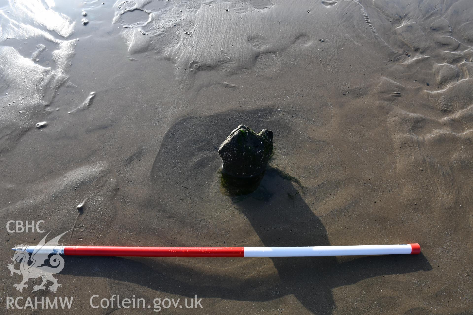 Part of a wreck near Morfa Dinlle, 2m scale. Photograph taken by Toby Driver in March 2021 as part of repeat monitoring and survey by the CHERISH project. © Crown: CHERISH PROJECT 2021. Produced with EU funds through the Ireland Wales Co-operation Programme 2014-2023. All material made freely available through the Open Government Licence.