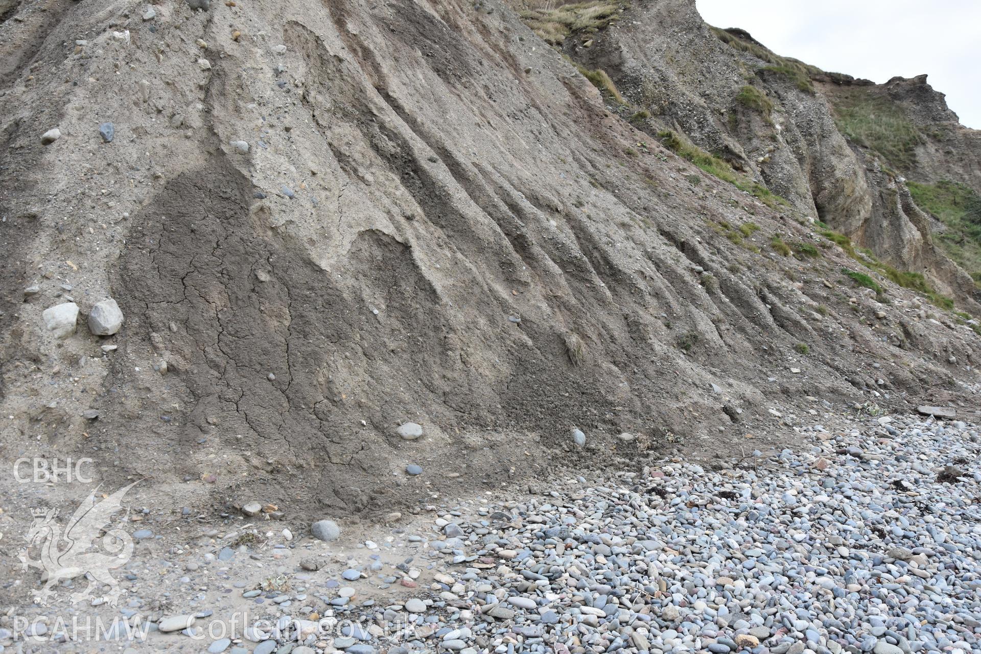 Eroding cliff face showing damage from Storm Callum. Taken by Toby Driver. Produced with EU funds through the Ireland Wales Co-operation Programme 2014-2023. All material made freely available through the Open Government Licence.