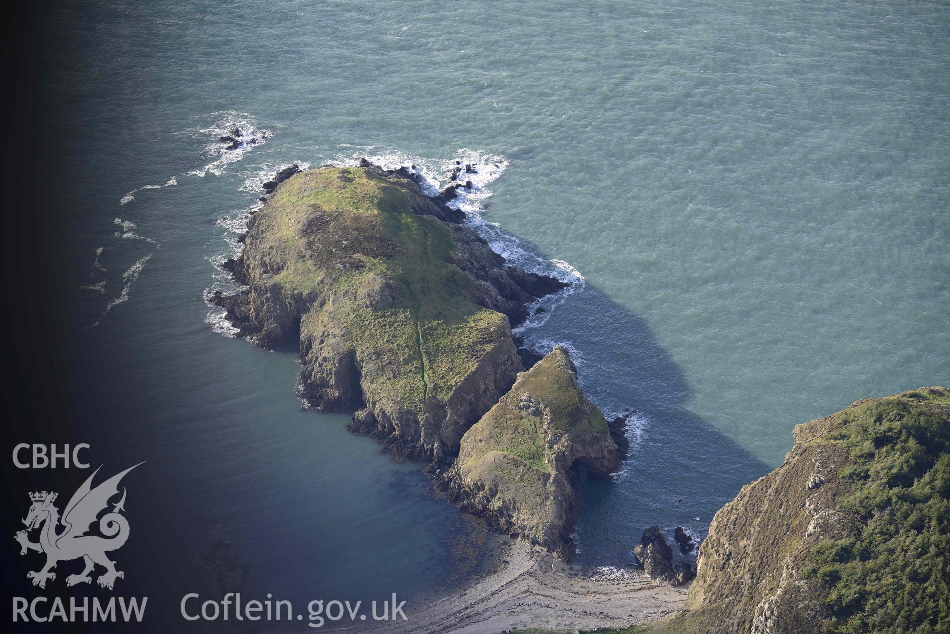 Aerial shot of Carmel Head, showing promontory fort and associated sites. Taken by Toby Driver. Produced with EU funds through the Ireland Wales Co-operation Programme 2014-2023. All material made freely available through the Open Government Licence.