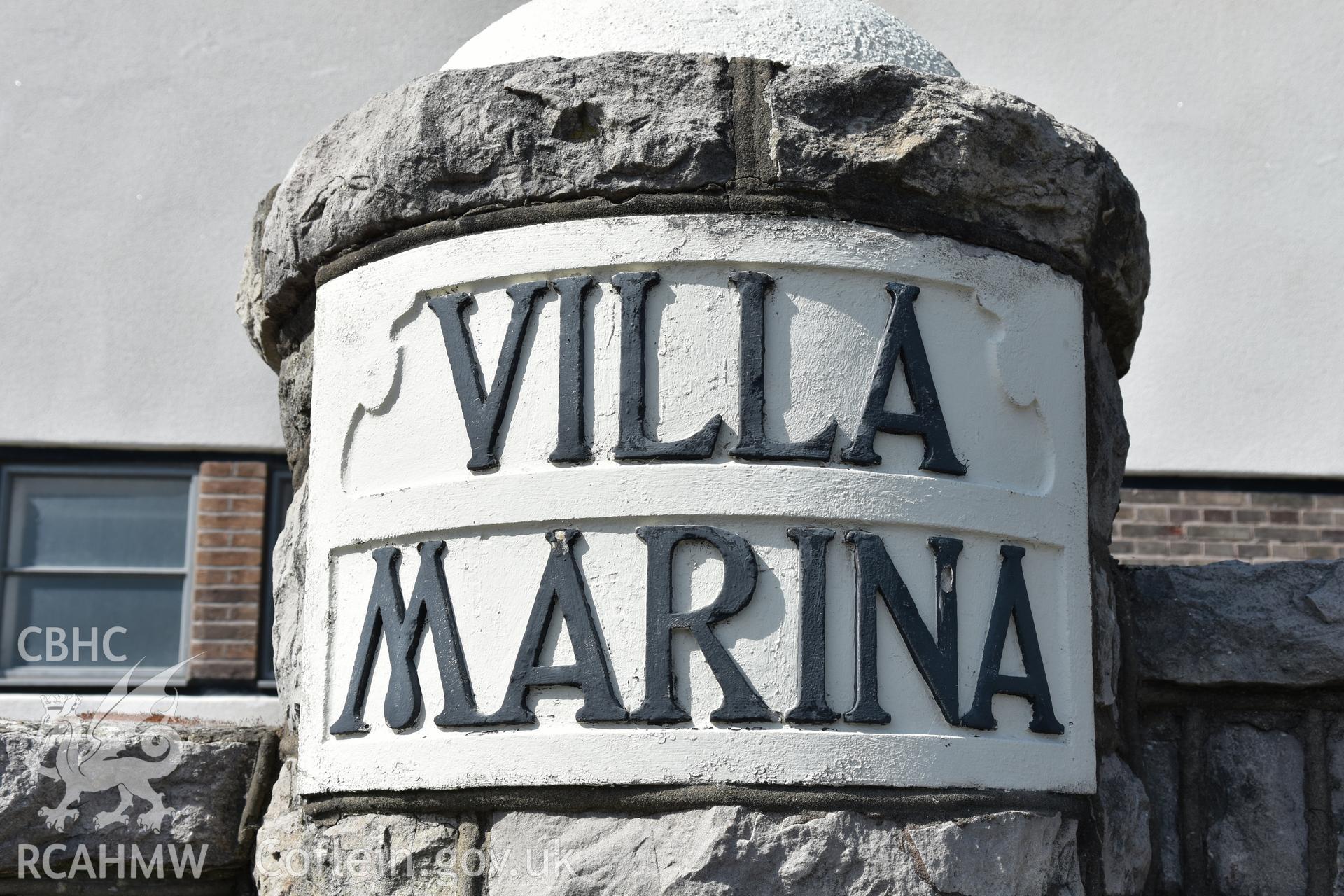 Villa Marina, exterior detail of name plaque to gateway Taken by Susan Fielding.