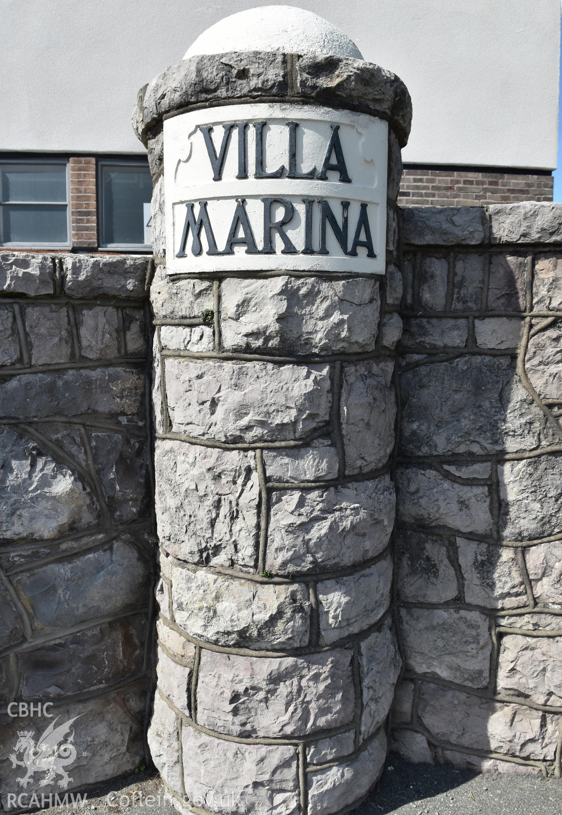Villa Marina, exterior detail of name plaque to gateway Taken by Susan Fielding.