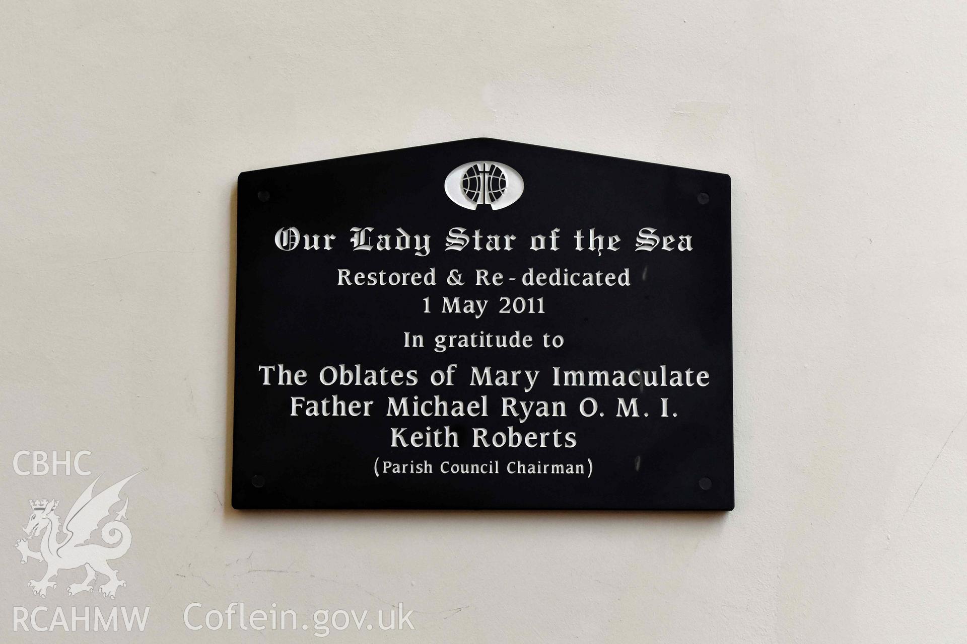 Our Lady Star Of The Sea and St Winefride; interior detail of memorial plaque Taken by Susan Fielding.