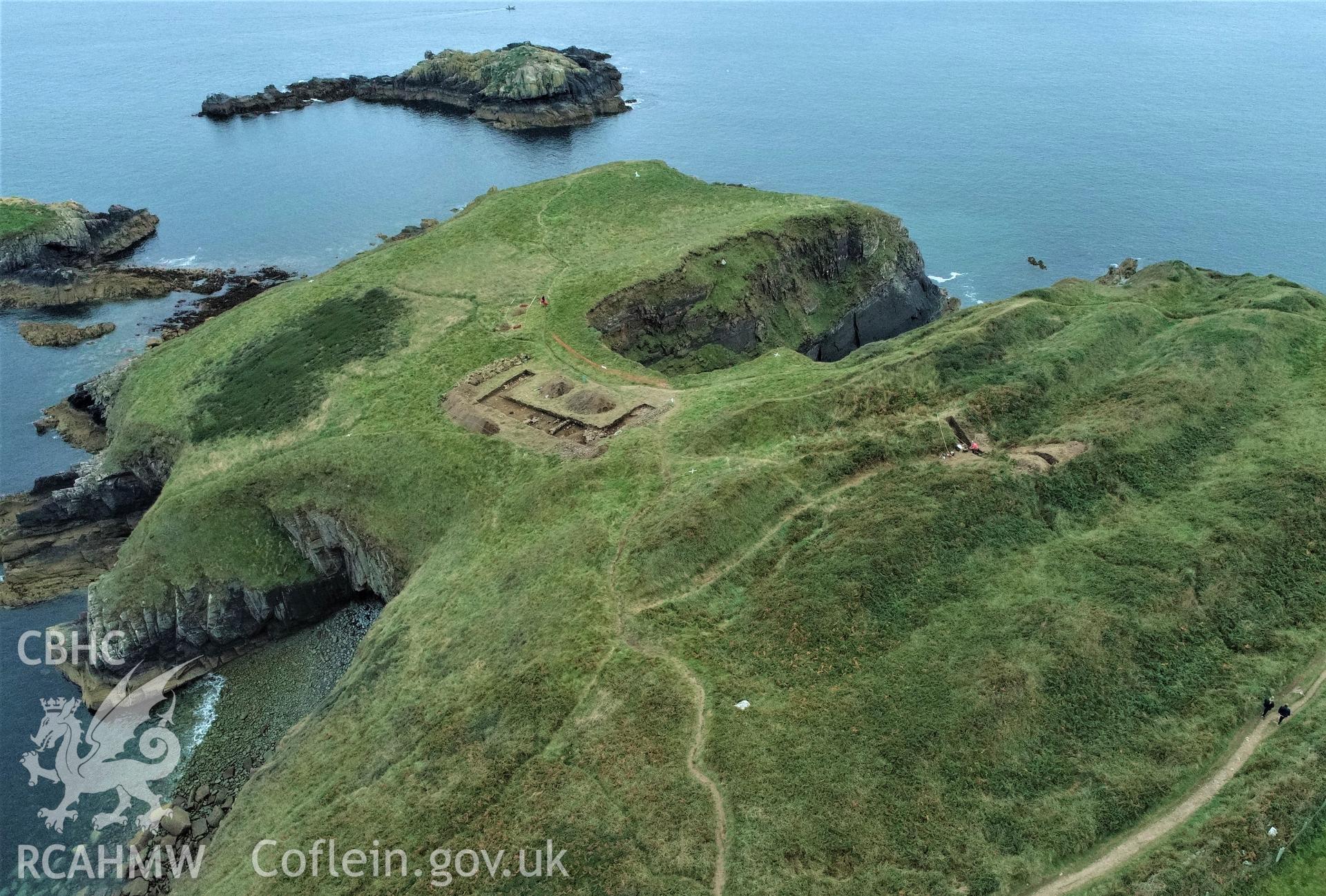 Aerial shot of excavations at Caerfai Taken by Louise Barker. Produced with EU funds through the Ireland Wales Co-operation Programme 2014-2023. All material made freely available through the Open Government Licence.