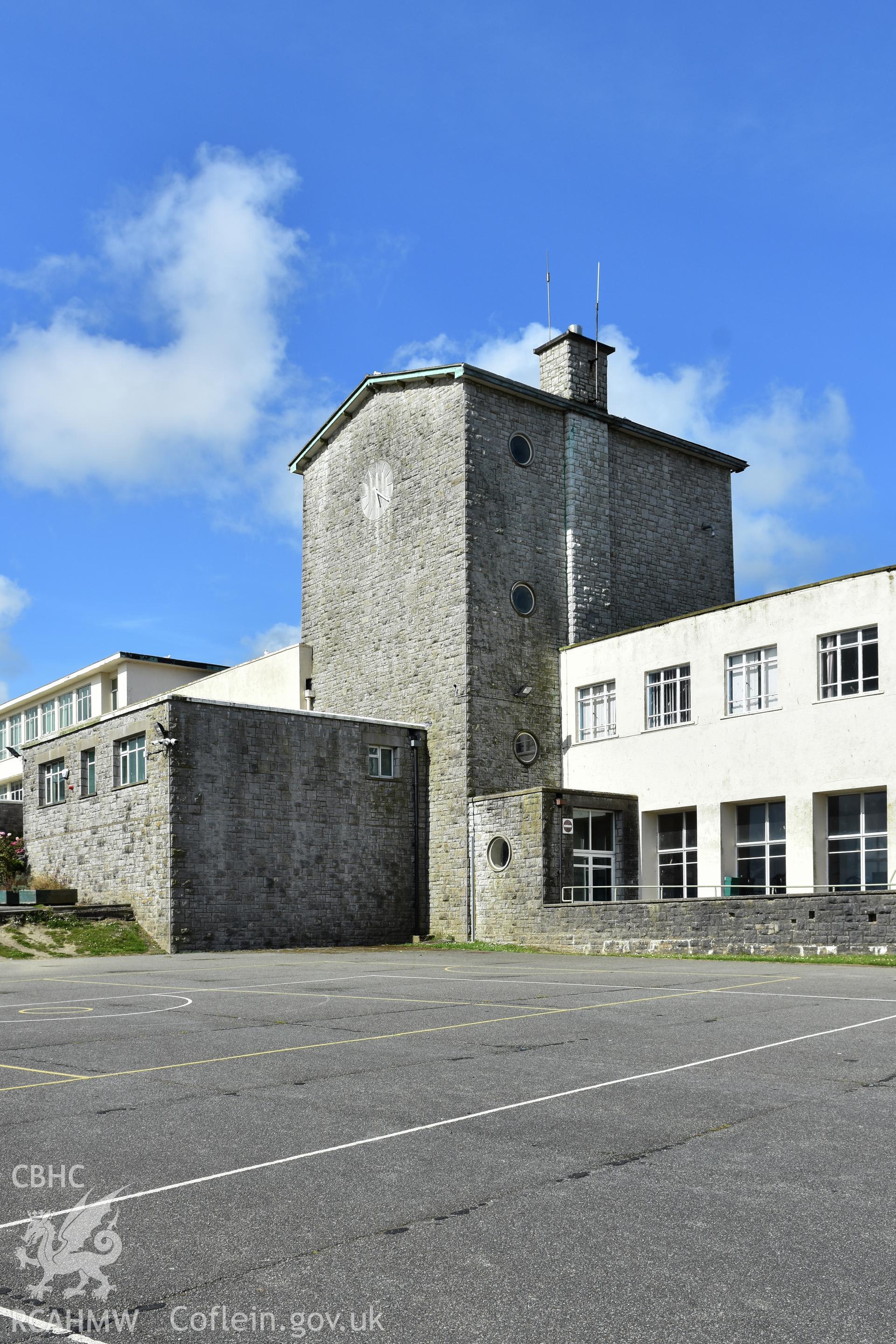 Ysgol Syr Thomas Jones, exterior detail of central tower Taken by Susan Fielding.