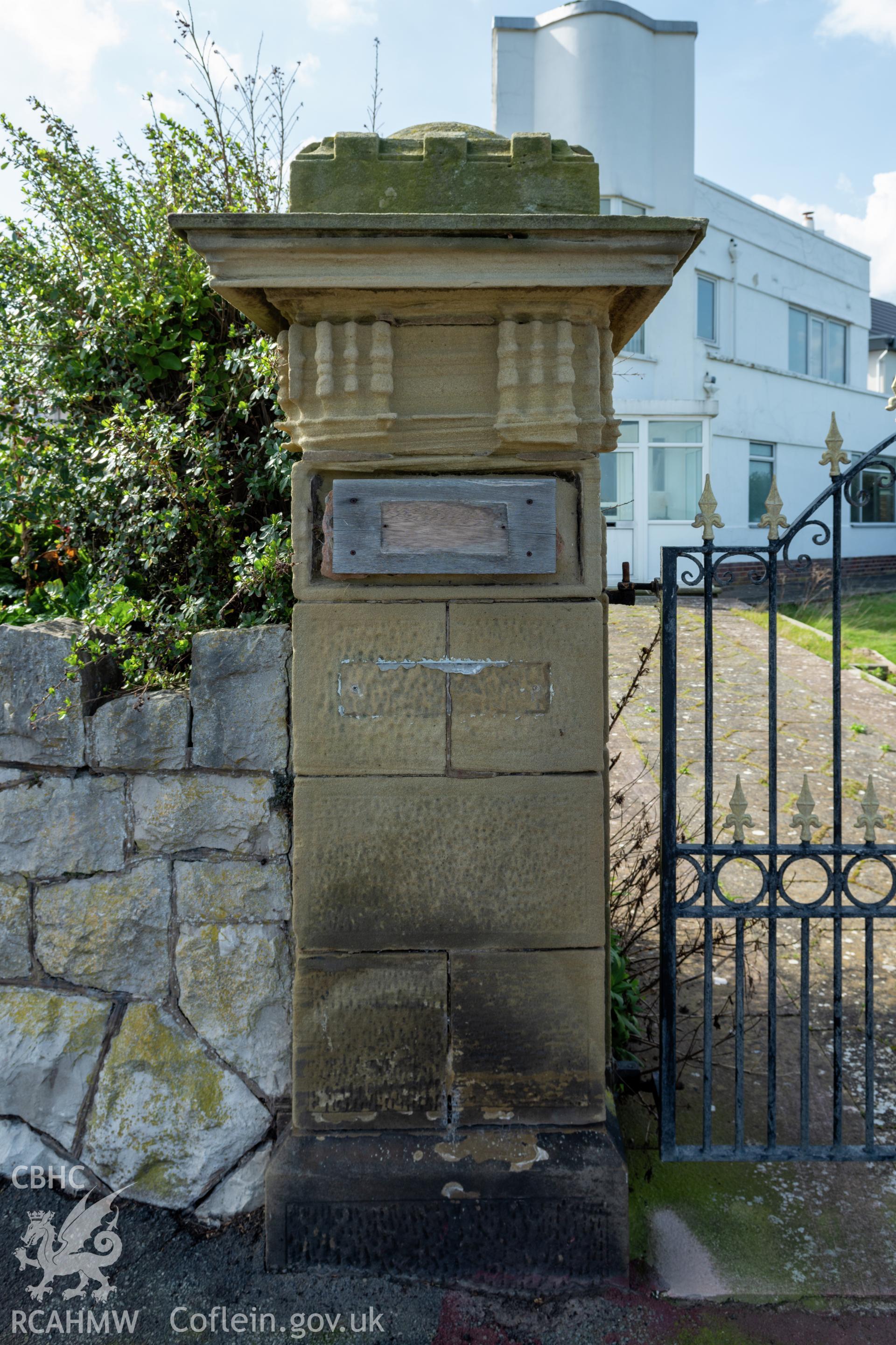 57 Marine Drive, detail of gate pier onto Marine Drive Taken by Susan Fielding.