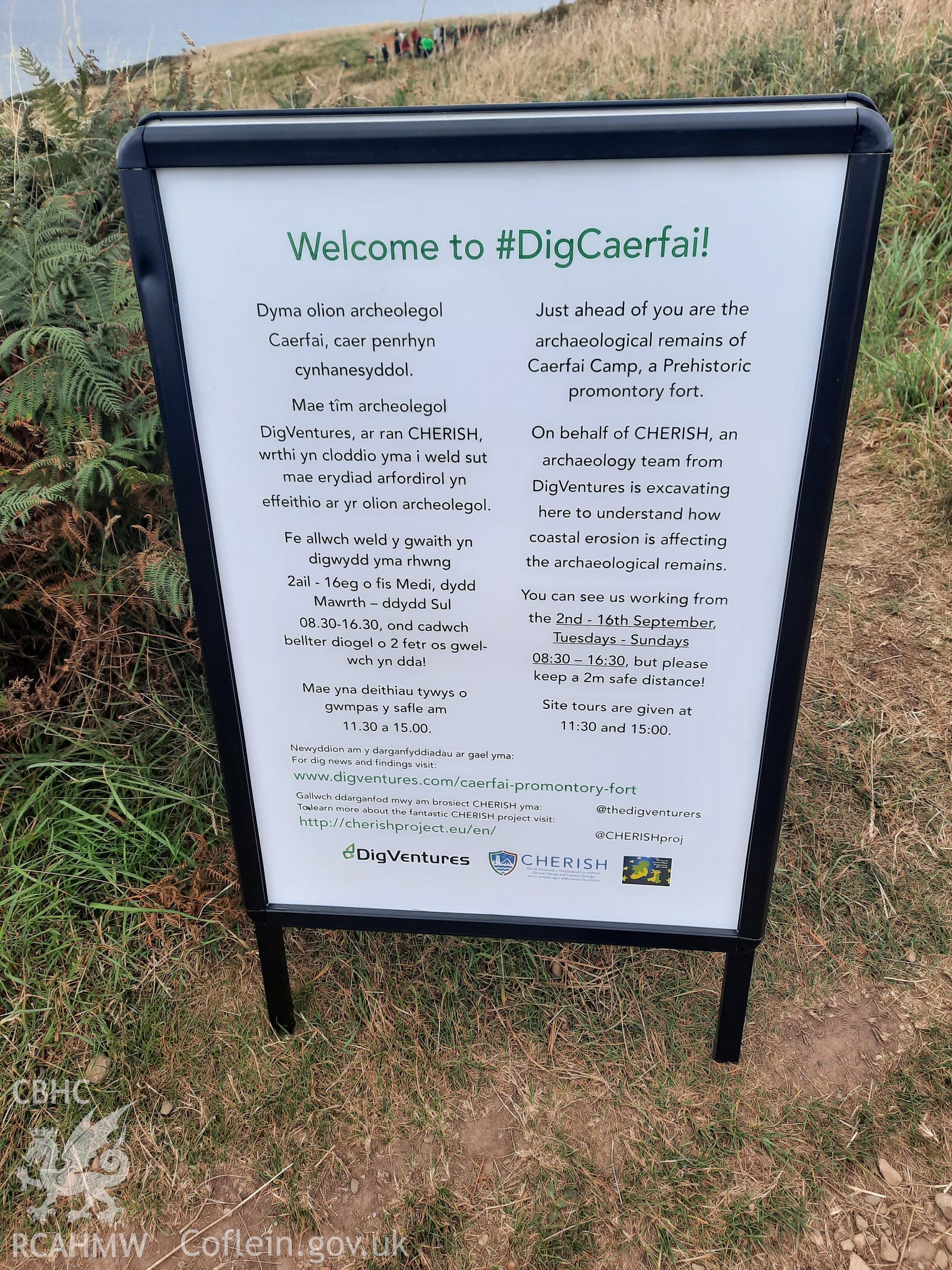 Explanatory sign for the 2021 CHERISH DigVentures collaborative excavation Taken by Louise Barker. Produced with EU funds through the Ireland Wales Co-operation Programme 2014-2023. All material made freely available through the Open Government Licence.