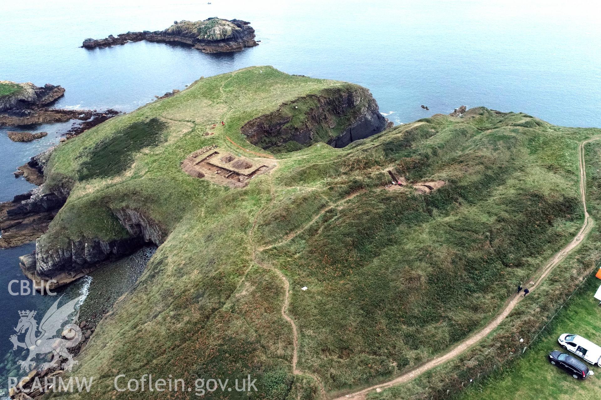 Aerial shot of excavations at Caerfai Taken by Louise Barker. Produced with EU funds through the Ireland Wales Co-operation Programme 2014-2023. All material made freely available through the Open Government Licence.