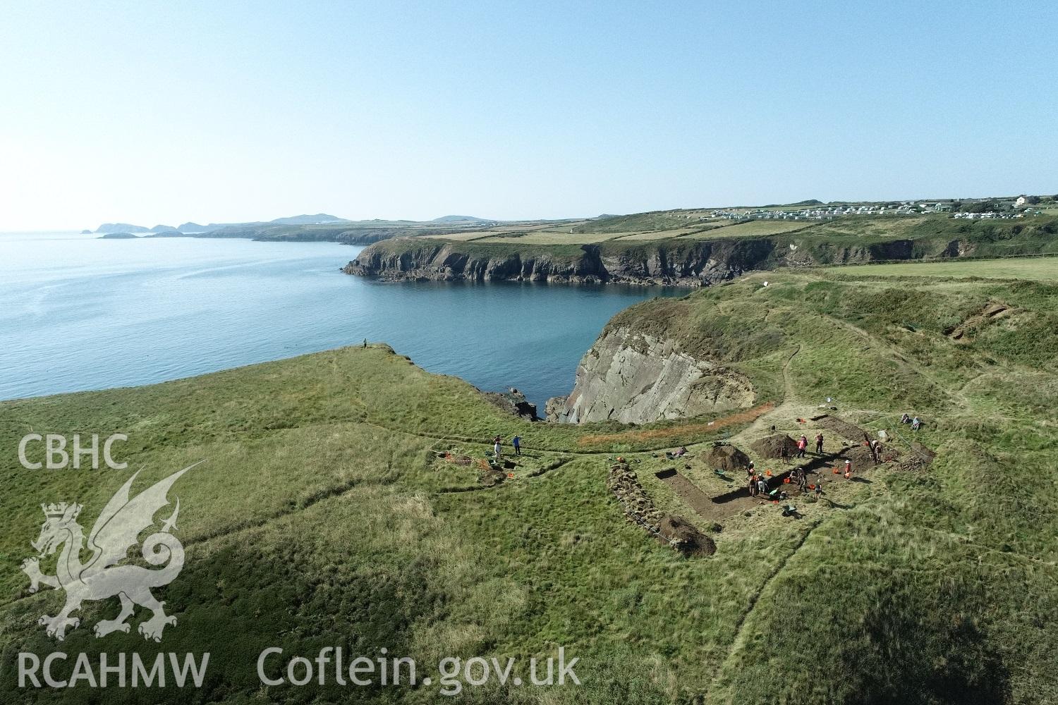 Aerial shot of excavations at Caerfai Taken by Louise Barker. Produced with EU funds through the Ireland Wales Co-operation Programme 2014-2023. All material made freely available through the Open Government Licence.