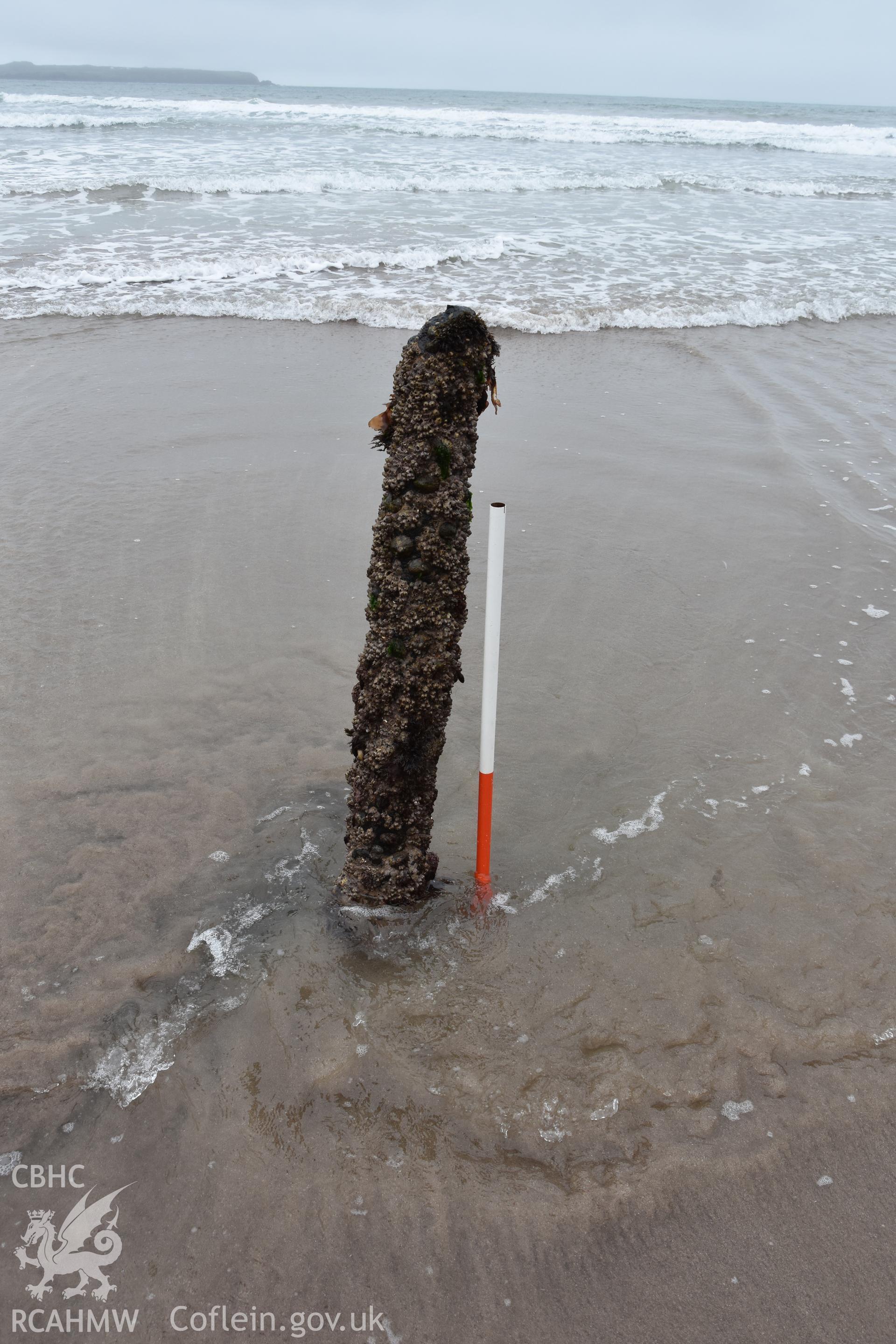 Upstanding aspects of the wreck with 1m scale Taken by Daniel Hunt. Produced with EU funds through the Ireland Wales Co-operation Programme 2014-2023. All material made freely available through the Open Government Licence.