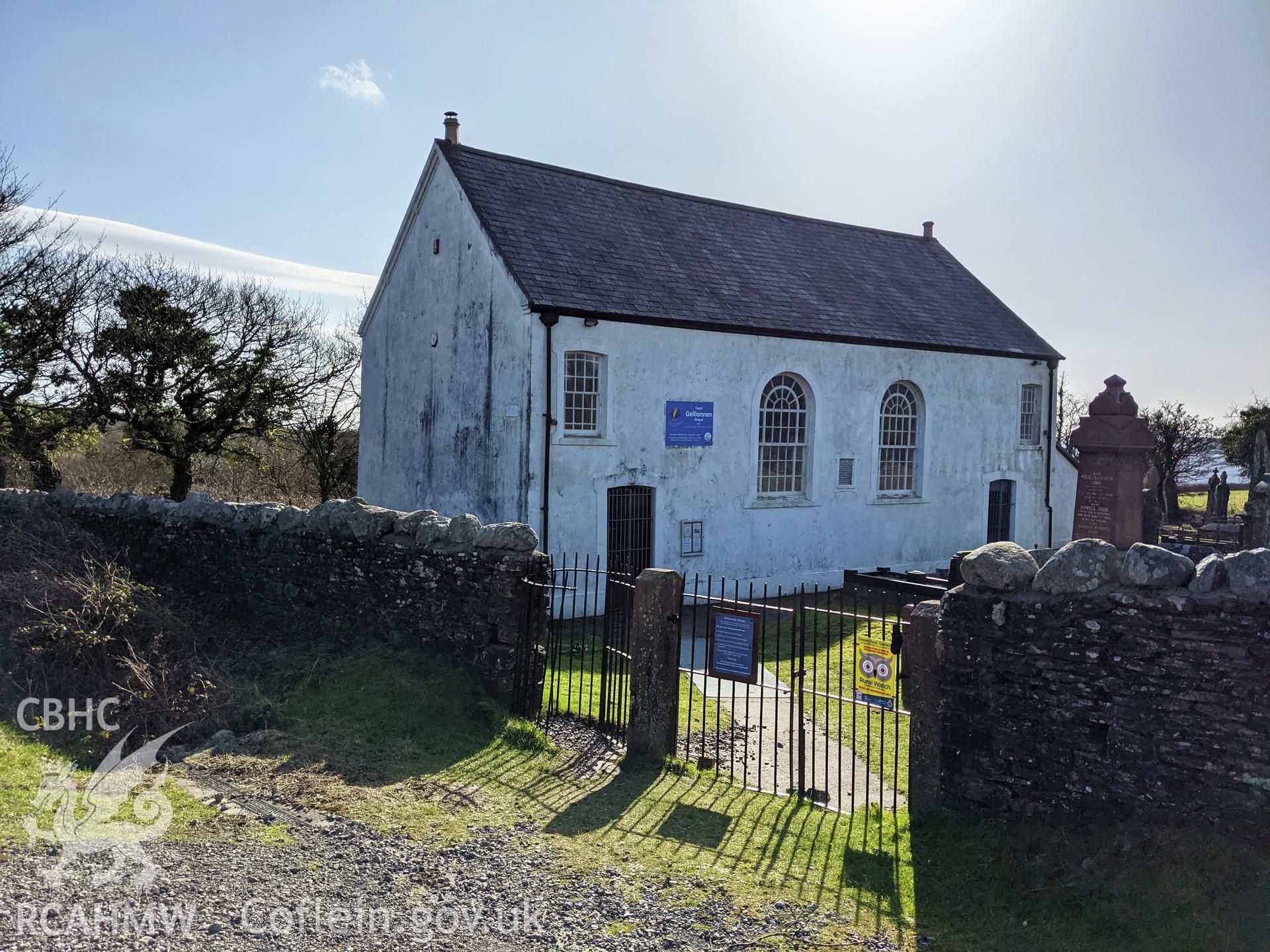 Gellionnen Unitarian Chapel. Wide angle from north east with gates. Colour Taken by Meilyr Powel.