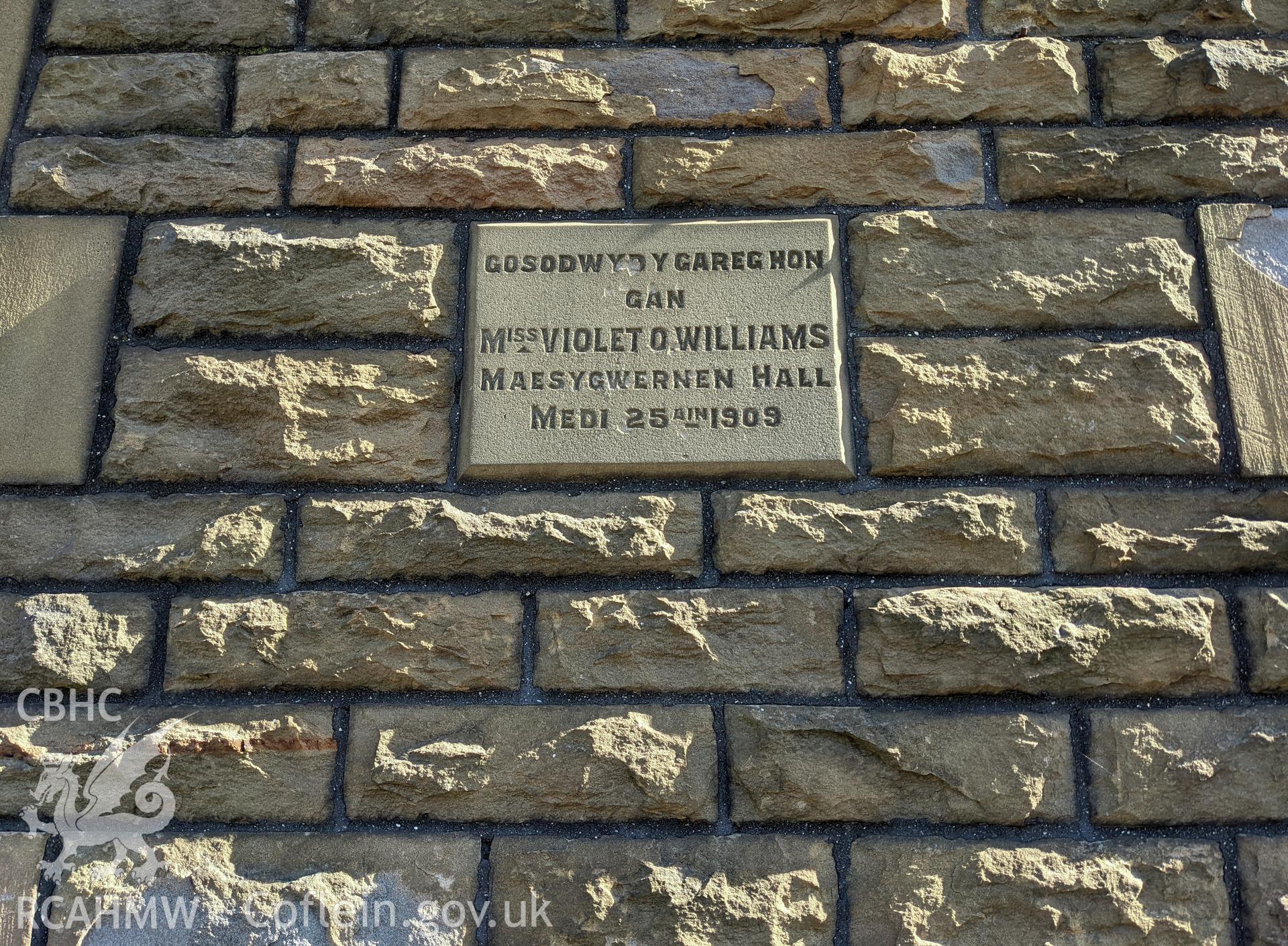 Foundation stone: Mrs Violet O. Williams Maesygwernen Hall. 25 September 1909 Taken by Meilyr Powel.
