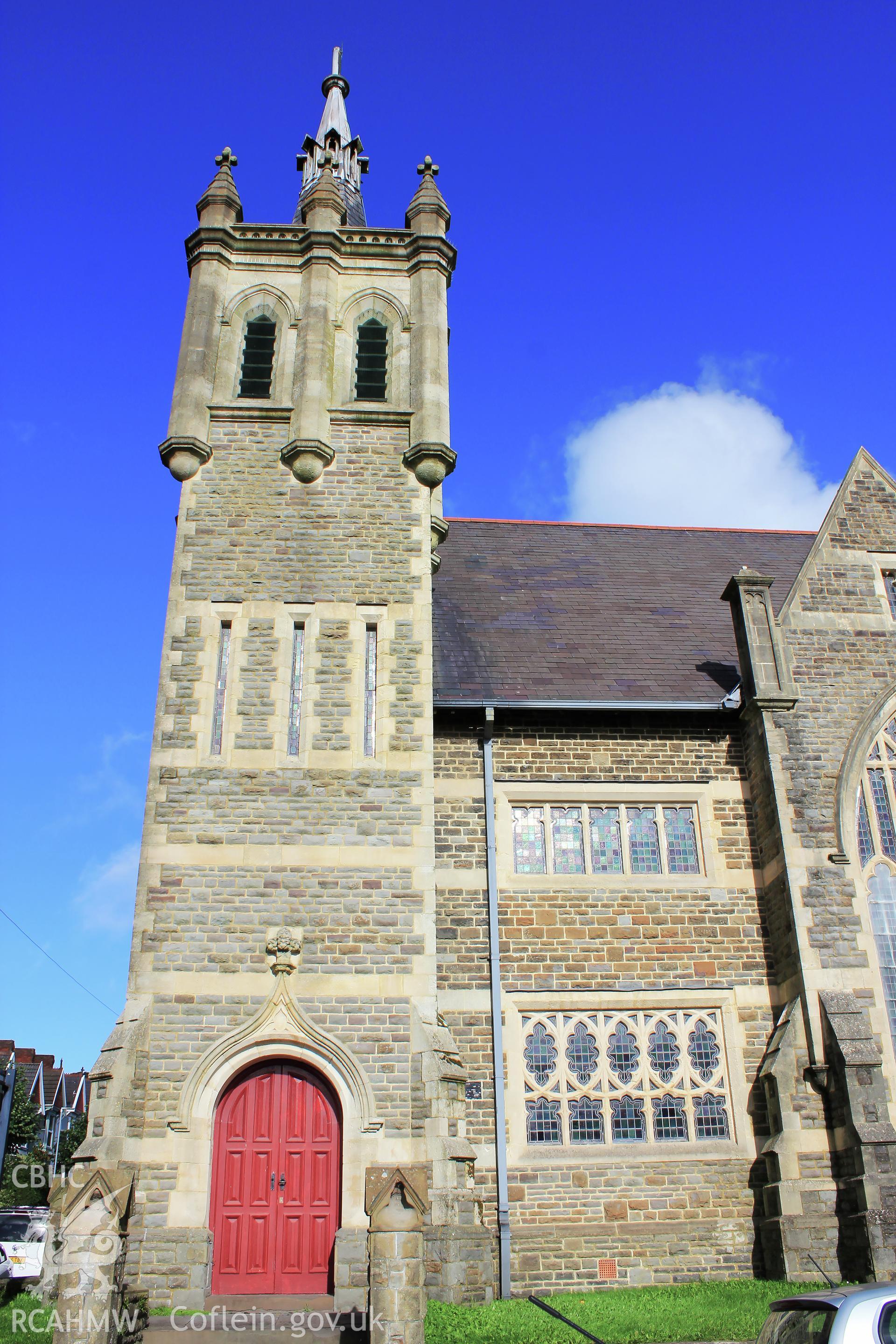 Pantygwydr Baptist Church, south west corner tower and door, portrait orientation Taken by Meilyr Powel.
