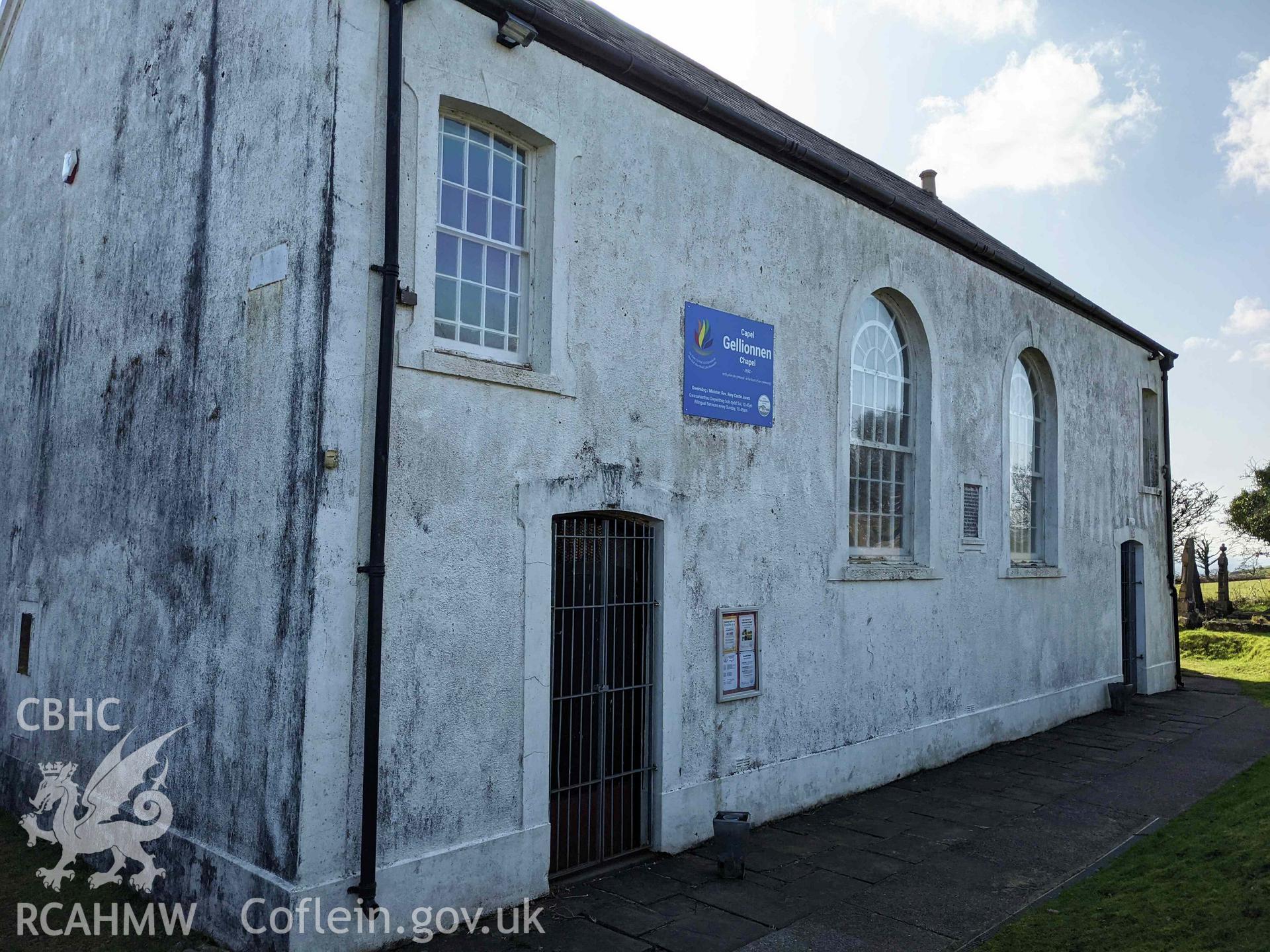 Gellionnen Unitarian Chapel long wall entry, north side. Two arched windows and two elevated windows above entrances Taken by Meilyr Powel.