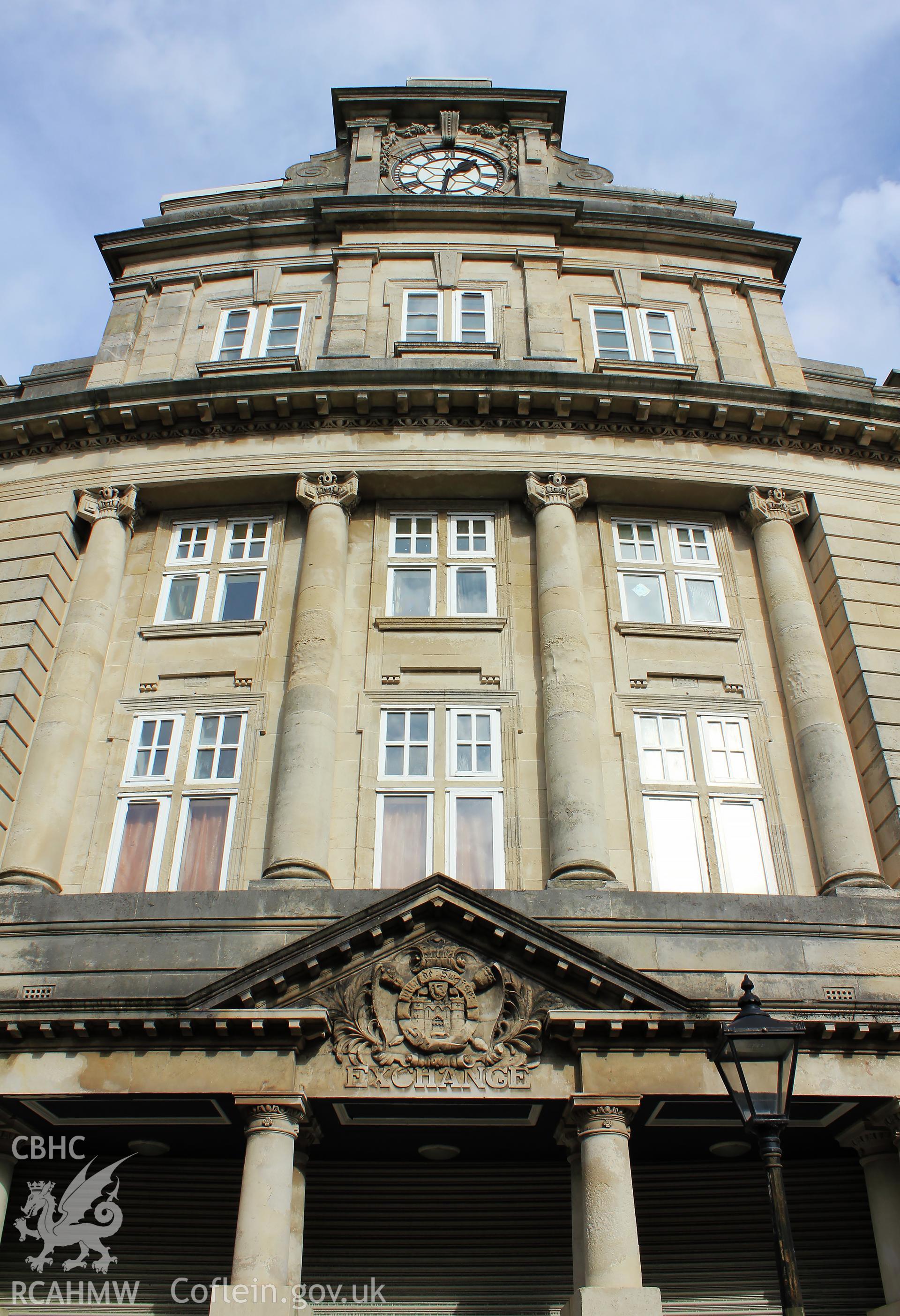 Exchange Chambers, Swansea, Cambrian Place entrance with pediment and clock. Portrait orientation Taken by Meilyr Powel.