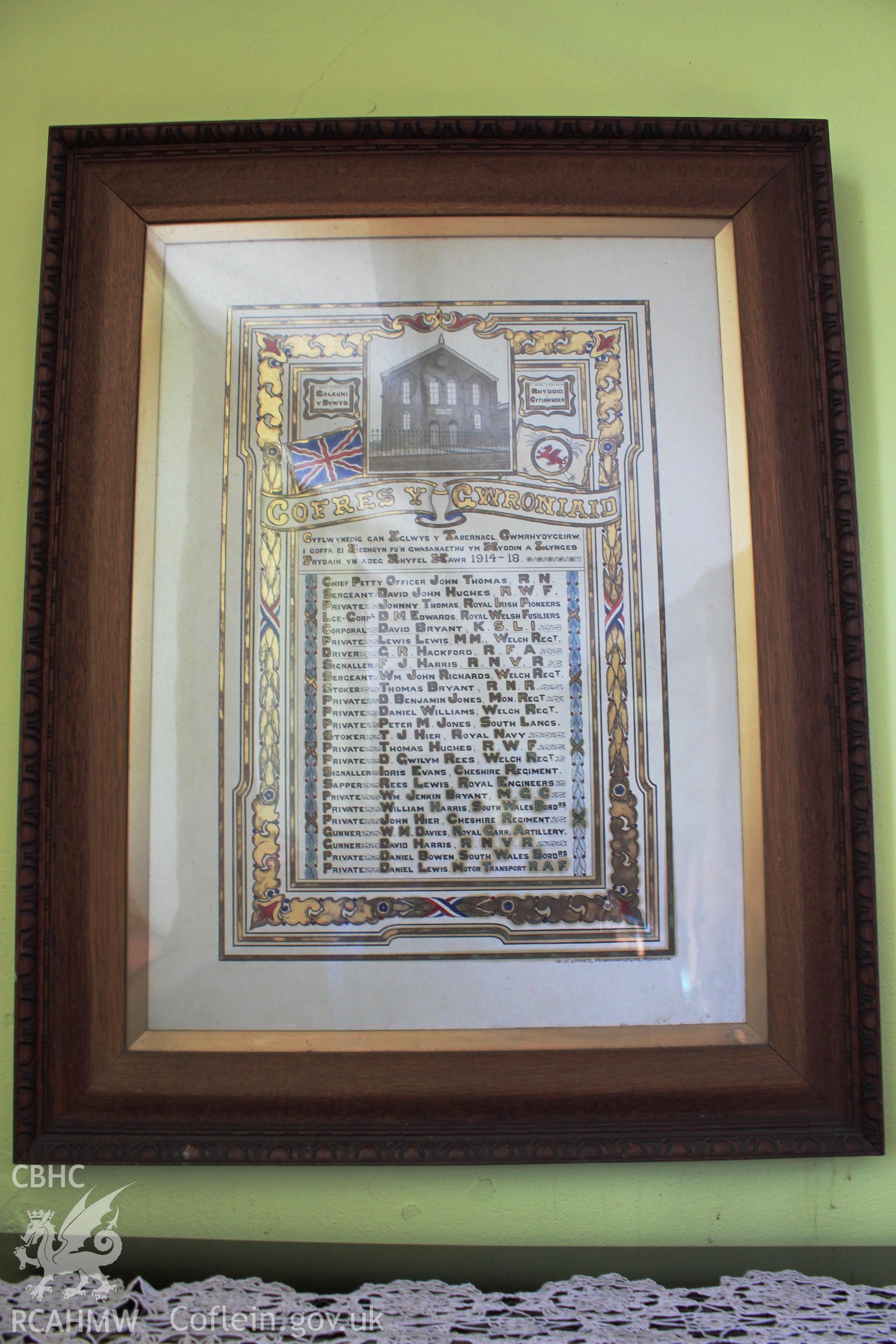 First World War Roll of Honour: 'Cofres Y Gwroniaid'.