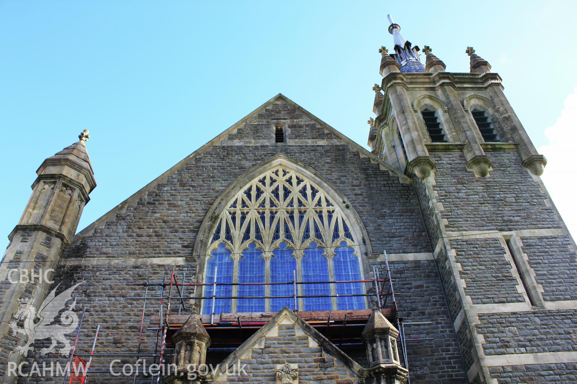 Pantygwydr Baptist Church, gable front, large arched window with mullions, and tower Taken by Meilyr Powel.