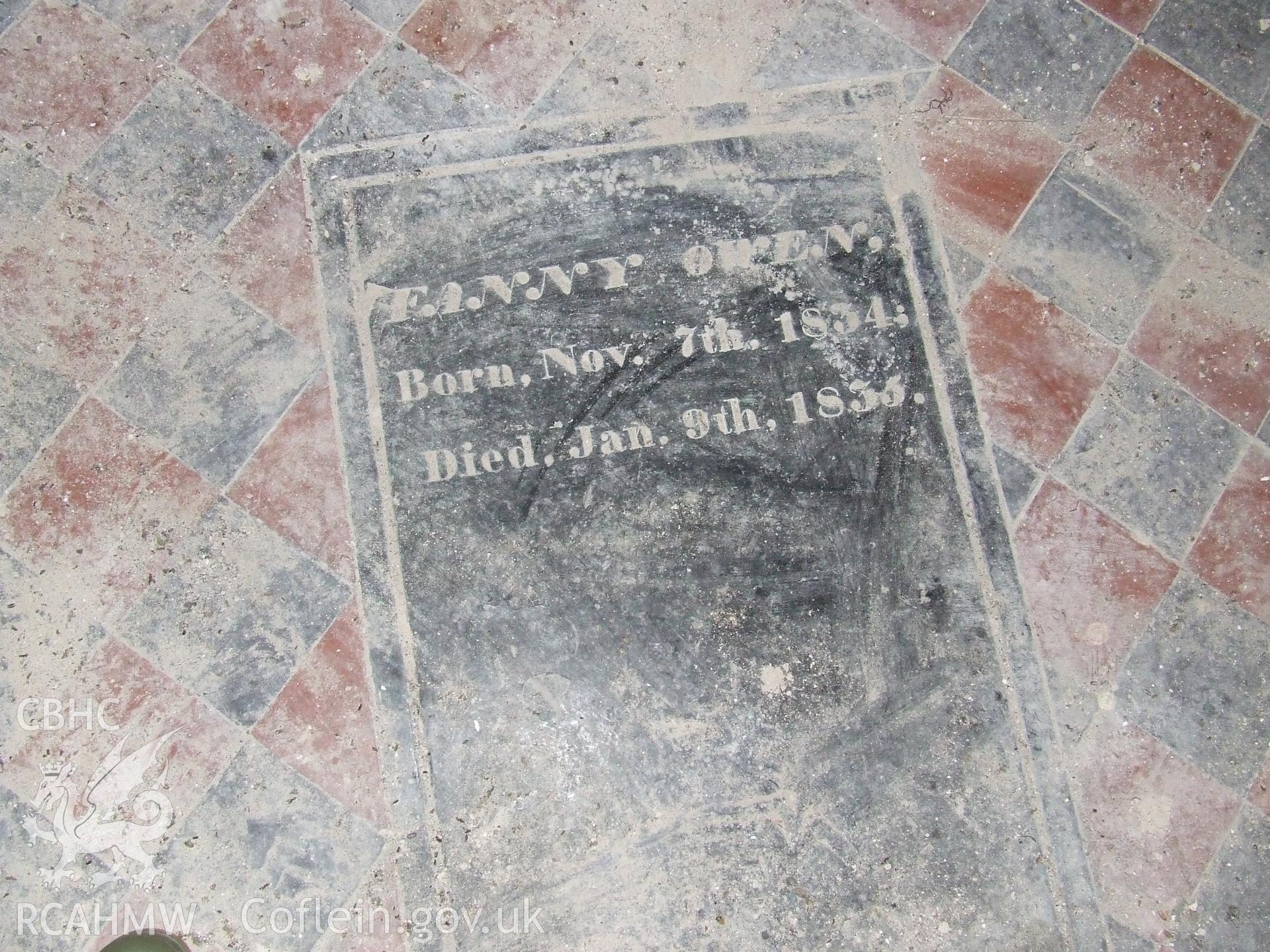 Digital colour photograph showing infant memorial to 'Jenny Owen' dated 1835, in the altar floor at St Justinian's Church, Llanstinian. Produced by Martin Davies in 2022.