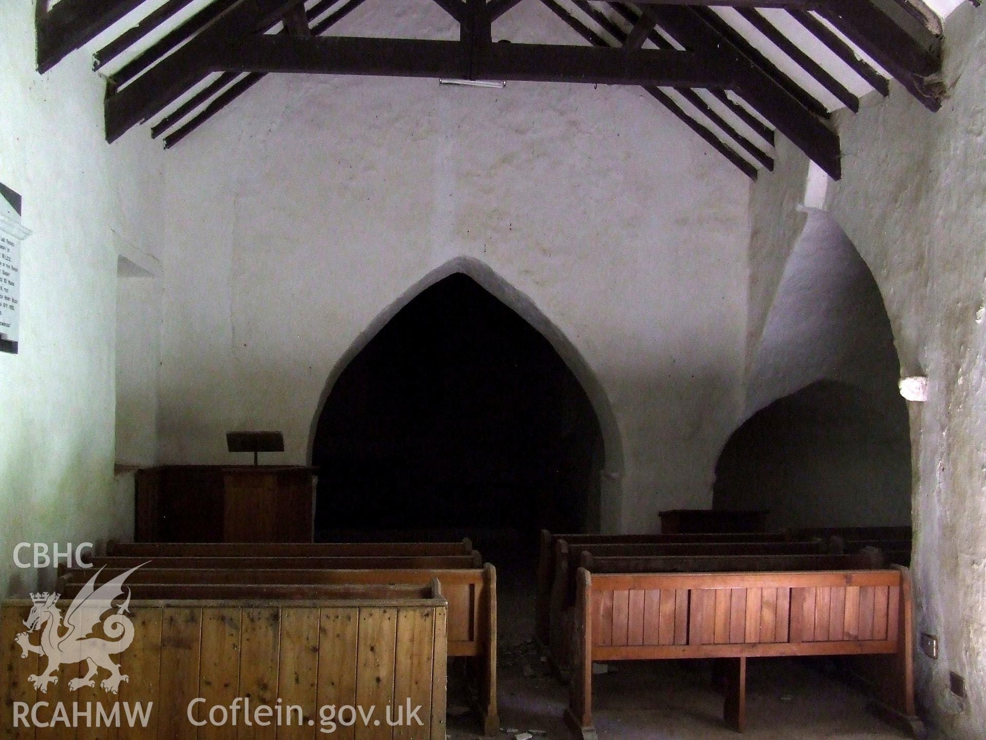 Digital colour photograph showing the nave from the west of St Justinian's Church, Llanstinian. Produced by Martin Davies in 2022.