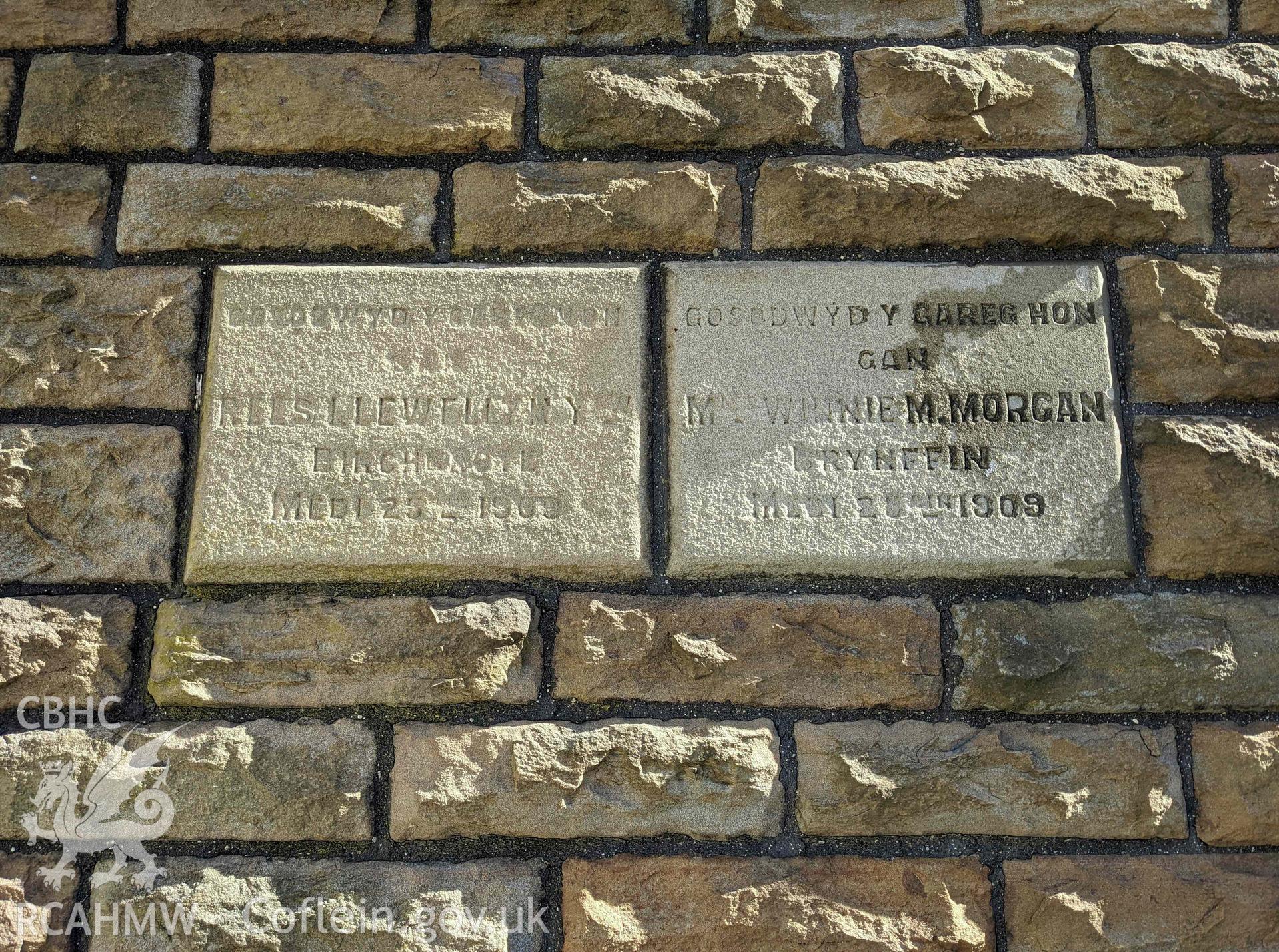 Foundation stones: Rees Llewellyn Birchgrove(?) and Winnie Morris Morgan Brynffin. 25 September 1909 Taken by Meilyr Powel.