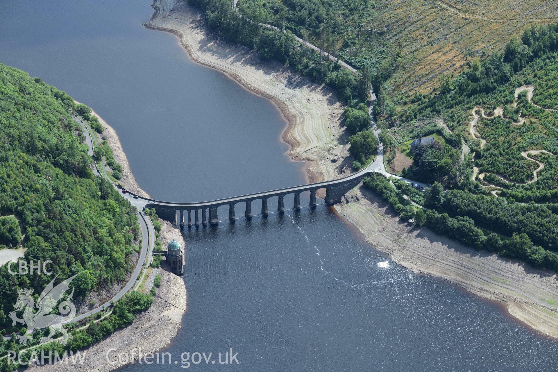 View of Garreg-Ddu Dam, Elan Valley under drought conditions. Oblique aerial photograph taken during the Royal Commission’s programme of archaeological aerial reconnaissance by Toby Driver on 19 August 2022.