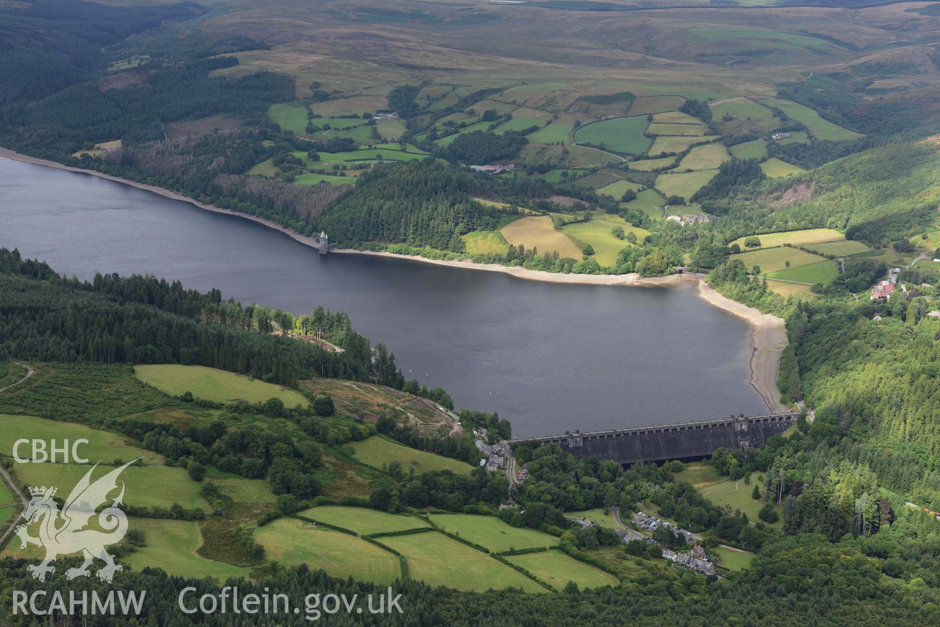 View of Lake Vyrnwy under drought conditions. Oblique aerial photograph taken during the Royal Commission’s programme of archaeological aerial reconnaissance by Toby Driver on 19 August 2022.